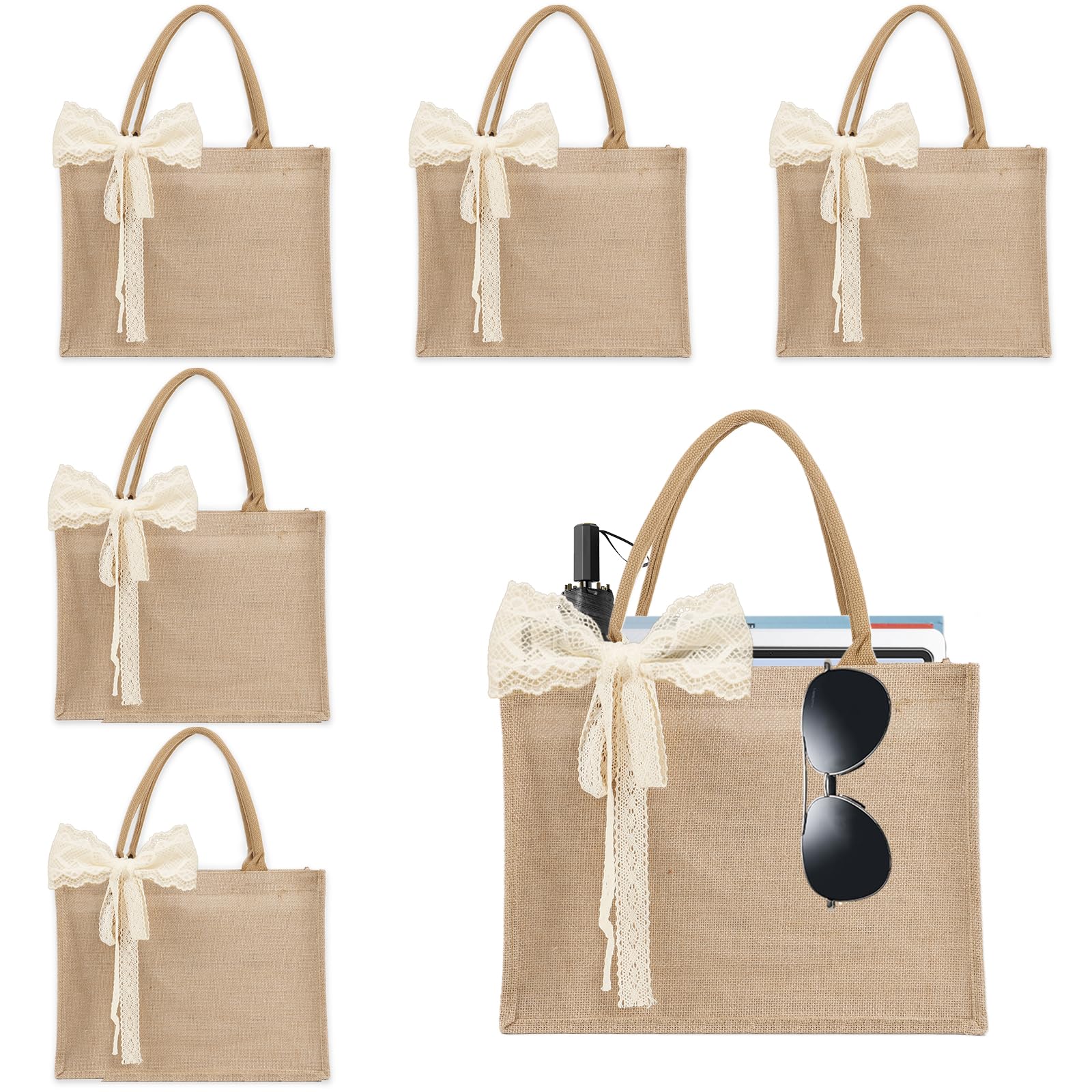 6pcs Burlap Tote Bag Set with Handles, Waterproof Reusable Blank Water Resistant Grocery Bags with Ribbon Large Jute Tote 15.35*6*12 Inch for Women Bridesmaid Gift Beach Shopping Wedding Travel DIY