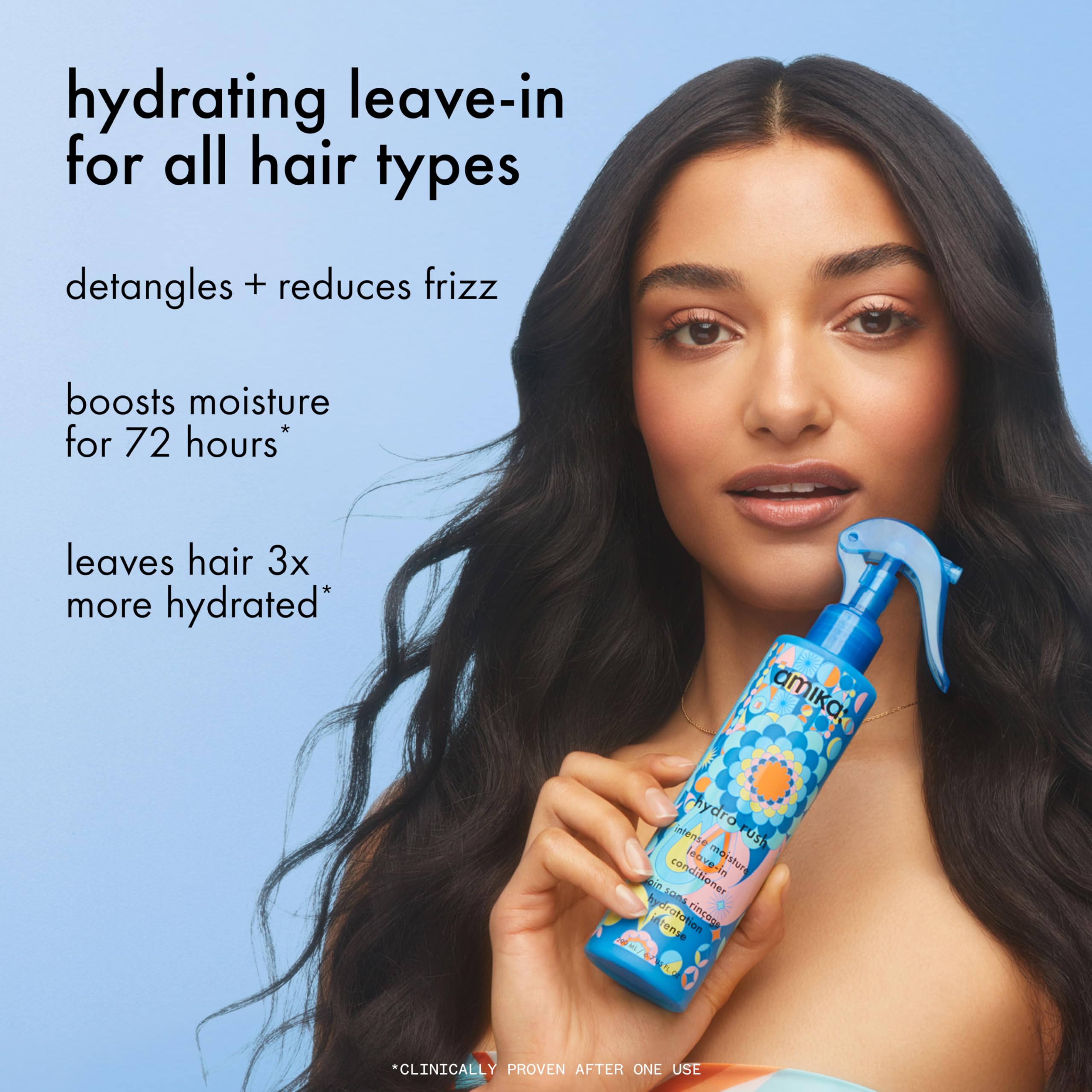 amika Hydro Rush Intense Moisture Leave-In Conditioner with Hyaluronic Acid, 60ml | for all hair types, long-lasting hydration, detangles and reduces frizz, travel size