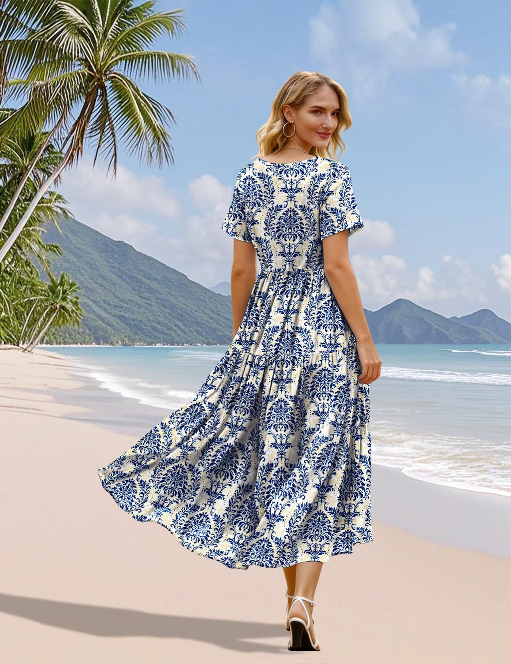 YESNO Women's Summer Maxi Dresses Casual Floral Short Sleeve V Neck Boho Beach Vacation Swing Dress with Pockets 2XL EVF CR425B