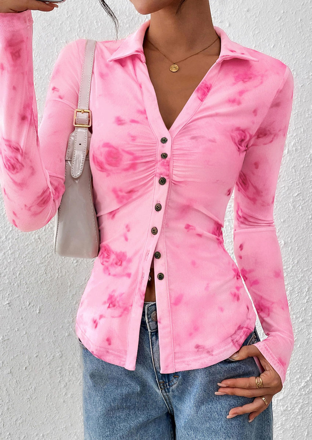 PRETTYGARDEN Women Button Down Floral Shirts 2026 Fall Trendy Long Sleeve V Neck Mesh Boho Blouse Spring Tops Date Outfits (Pink,Large)