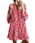 SELINK Womens Long Sleeve Dresses Casual V Neck Tribal Print Button Flowy Boho Mini Beach Dress Red-L