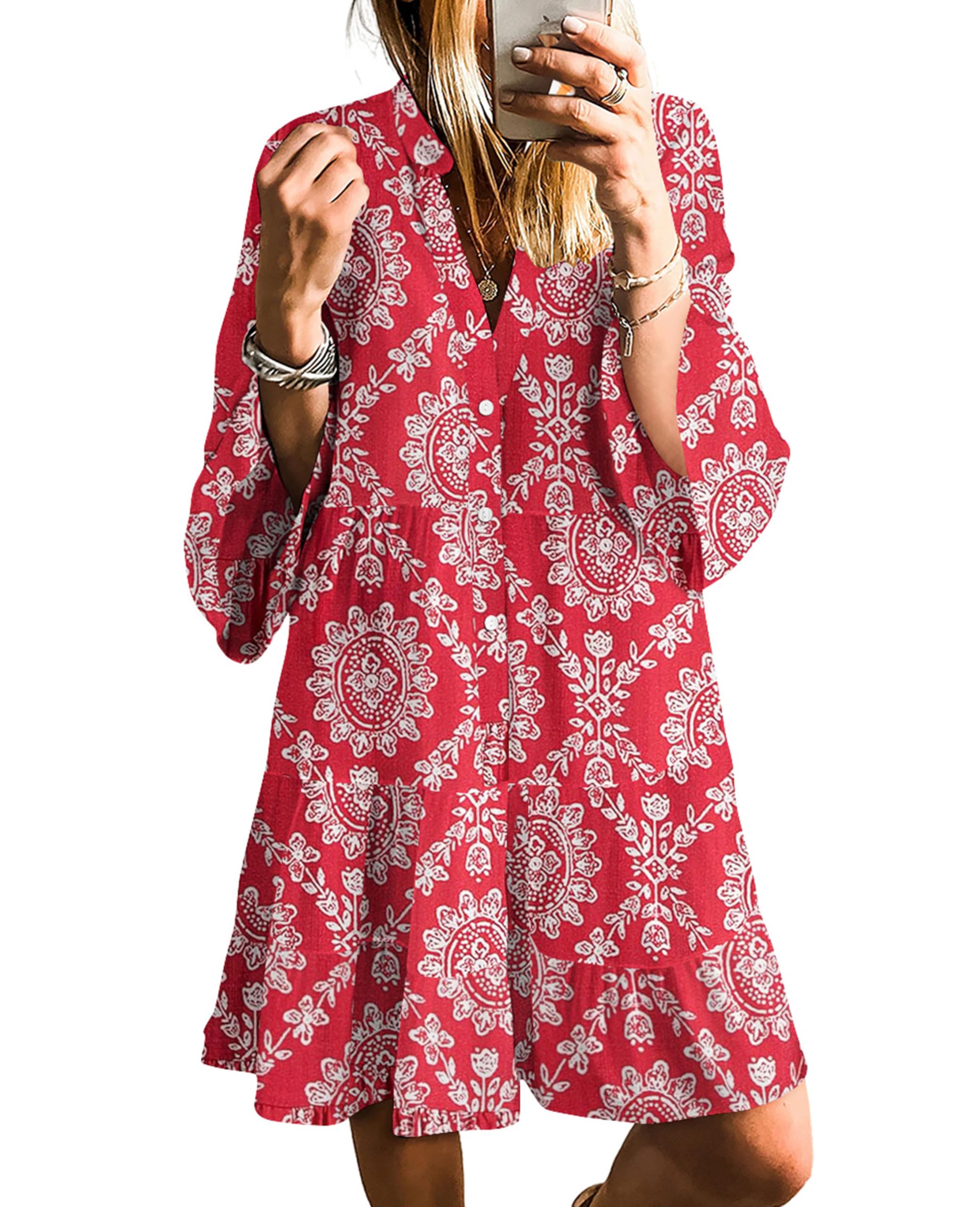 SELINK Womens Long Sleeve Dresses Casual V Neck Tribal Print Button Flowy Boho Mini Beach Dress Red-L