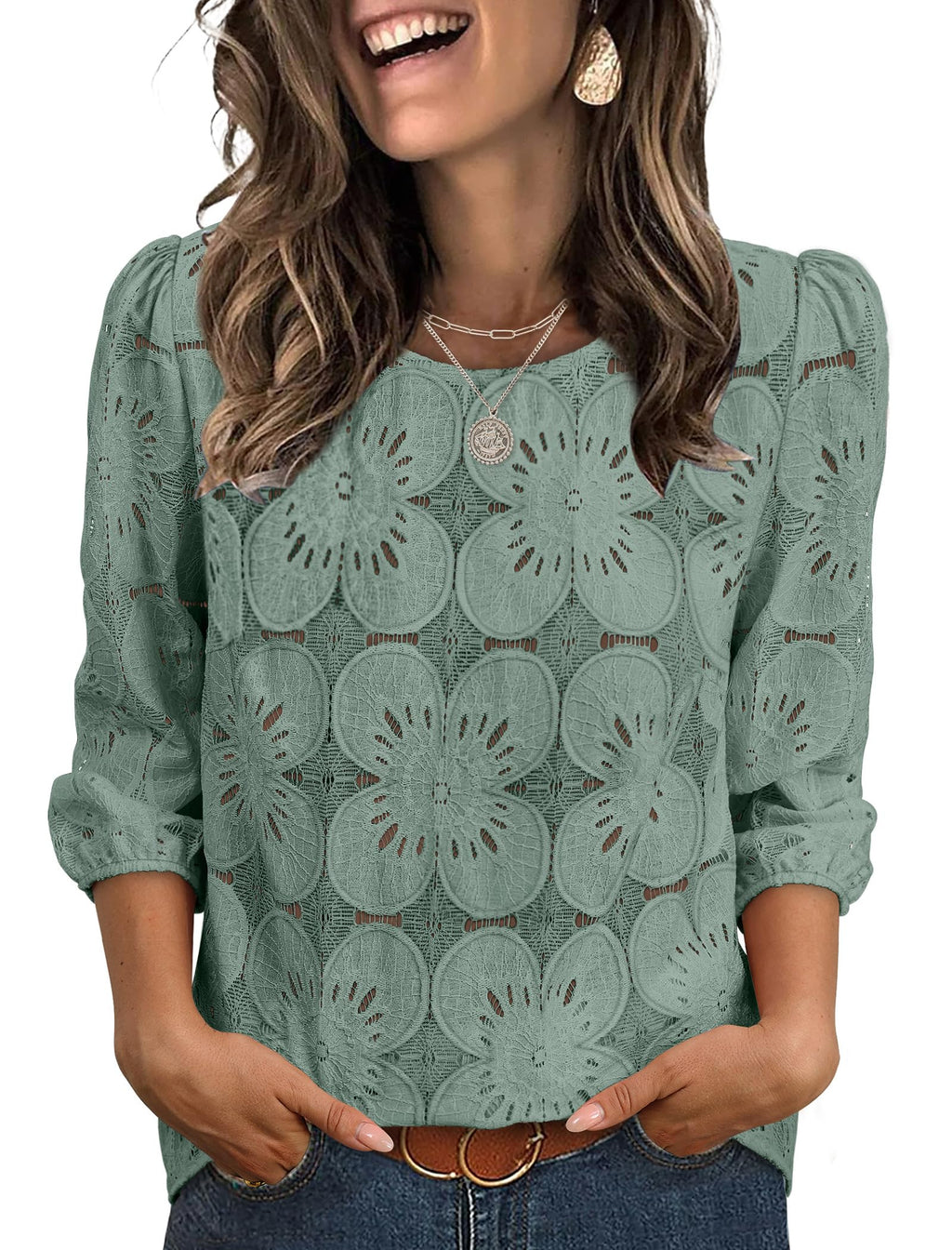 Sampeel Spring Tops for Women Trendy 2026 Summer Vacation Outfits Business Casual Work Tops 3/4 Sleeve T Shirts Comfy Tshirts Shirts Cute Fashion Clothing Green XL
