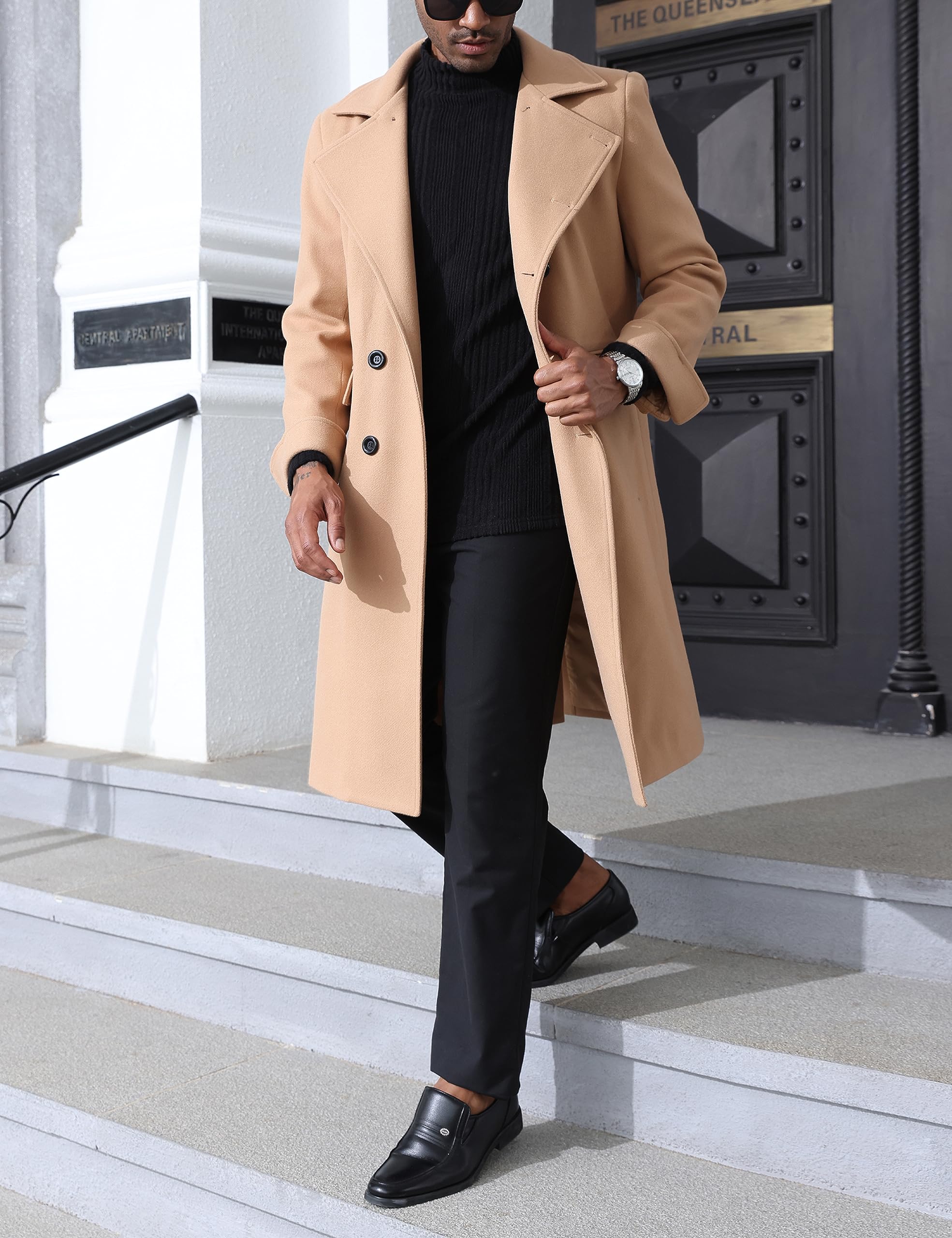 Springrain Men's Pea Coat Double Breasted Overcoat Lapel Coat Classic Long Trench Coat(Camel-S)