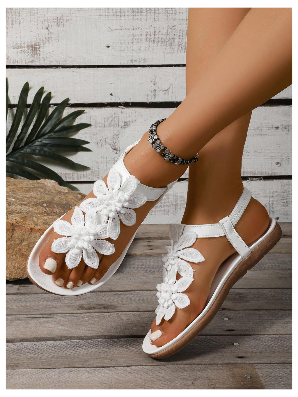 GORGLITTER Women's Flower Thongs Sandals With Ankle Strap Open Toe Trendy 2026 Summer Comfortable Wedding Beach Sandals White 9.5