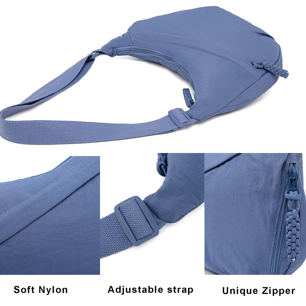 Sanxiner Crescent Crossbody Bags for Women Nylon Slouchy Sling Hobo Bag,Spacious Dumpling Shoulder Handbag Trending Cross Body Purses (1-Blue)