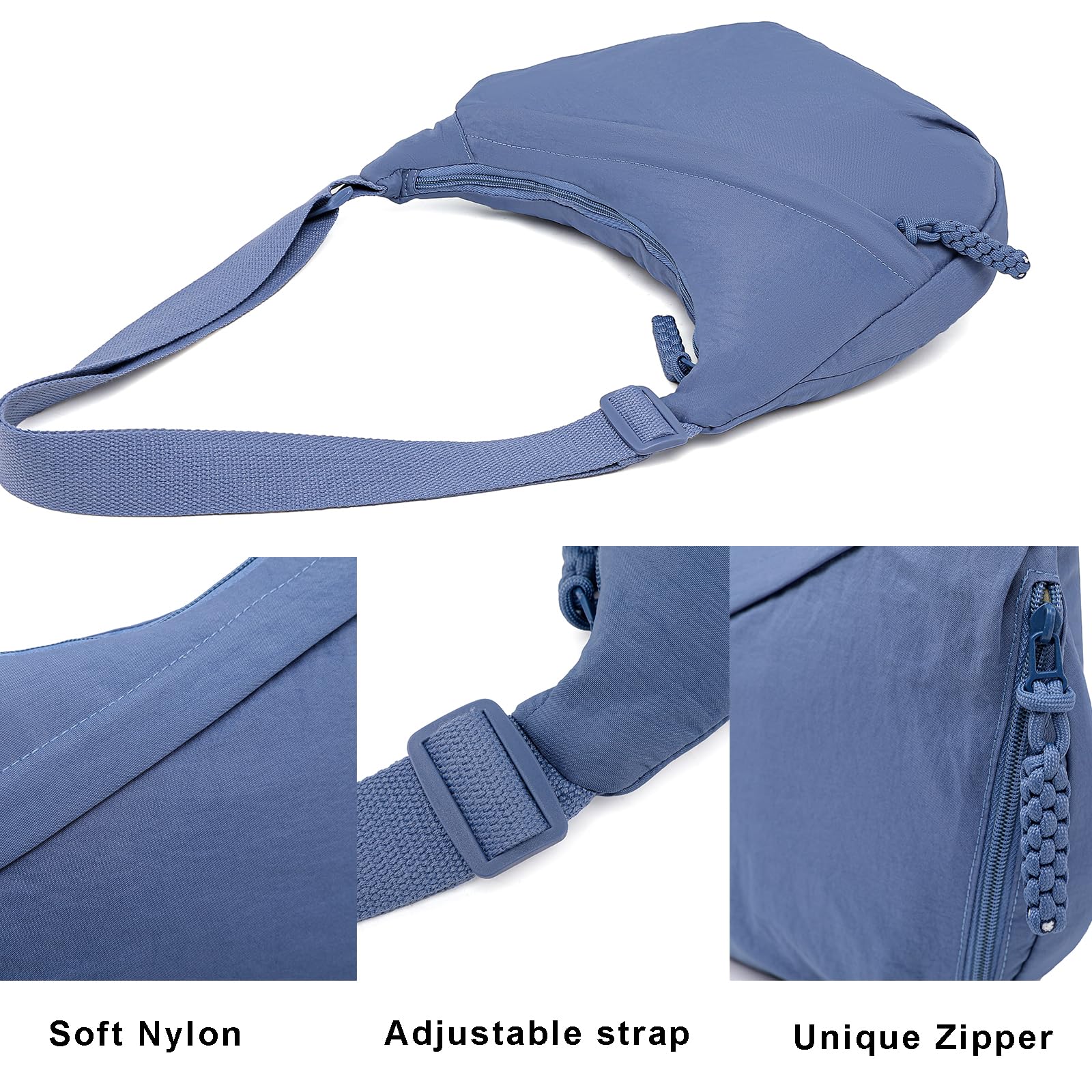 Sanxiner Crescent Crossbody Bags for Women Nylon Slouchy Sling Hobo Bag,Spacious Dumpling Shoulder Handbag Trending Cross Body Purses (1-Blue)