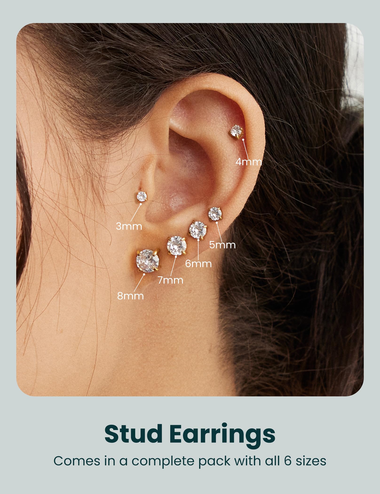 6 Pairs Stud Earrings Hypoallergenic Cubic Zirconia 316L Earrings Stainless Steel CZ Earrings Set 3-8mm (Gold)