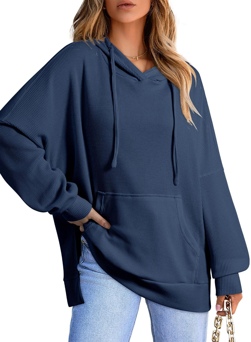 Dokotoo Women Ladies Hoodies Oversized Long Sleeve Sweatshirt for Women 2025 Fashion Plus Size Waffle Knit Winter Clothes Hooded Sweatshirts Casual Loose Hoodie with Pocket Dark Blue Small