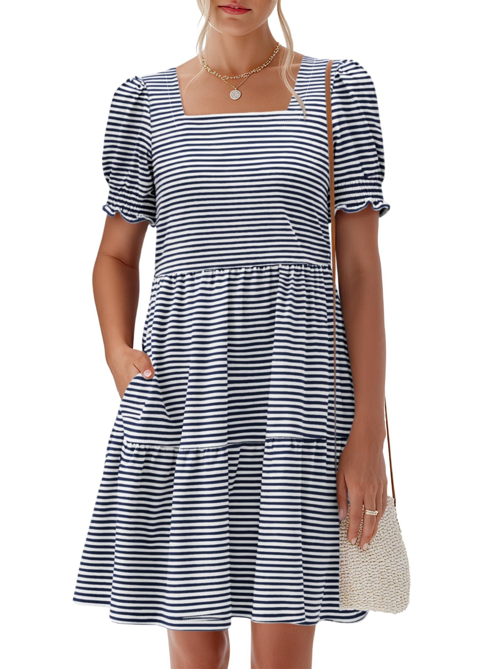 ANRABESS Women Summer Square Neck Puff Short Sleeve Mini Dress 2026 Casual Flowy Striped Sundress Beach Vacation Clothes with Pockets Navy Blue White Striped X-Large