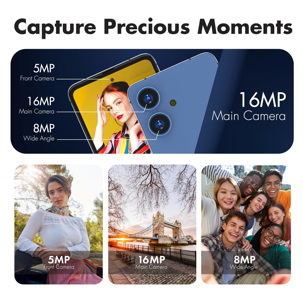 NUU N20 Basic Cell Phone, Wide-Angle Camera, 6GB + (6GB Extended RAM), 128GB Storage, 6.6" 90Hz HD+ Display, Dual SIM 4G, Octa-Core, Android 15, Unlocked,1 Year US Warranty (Blue)