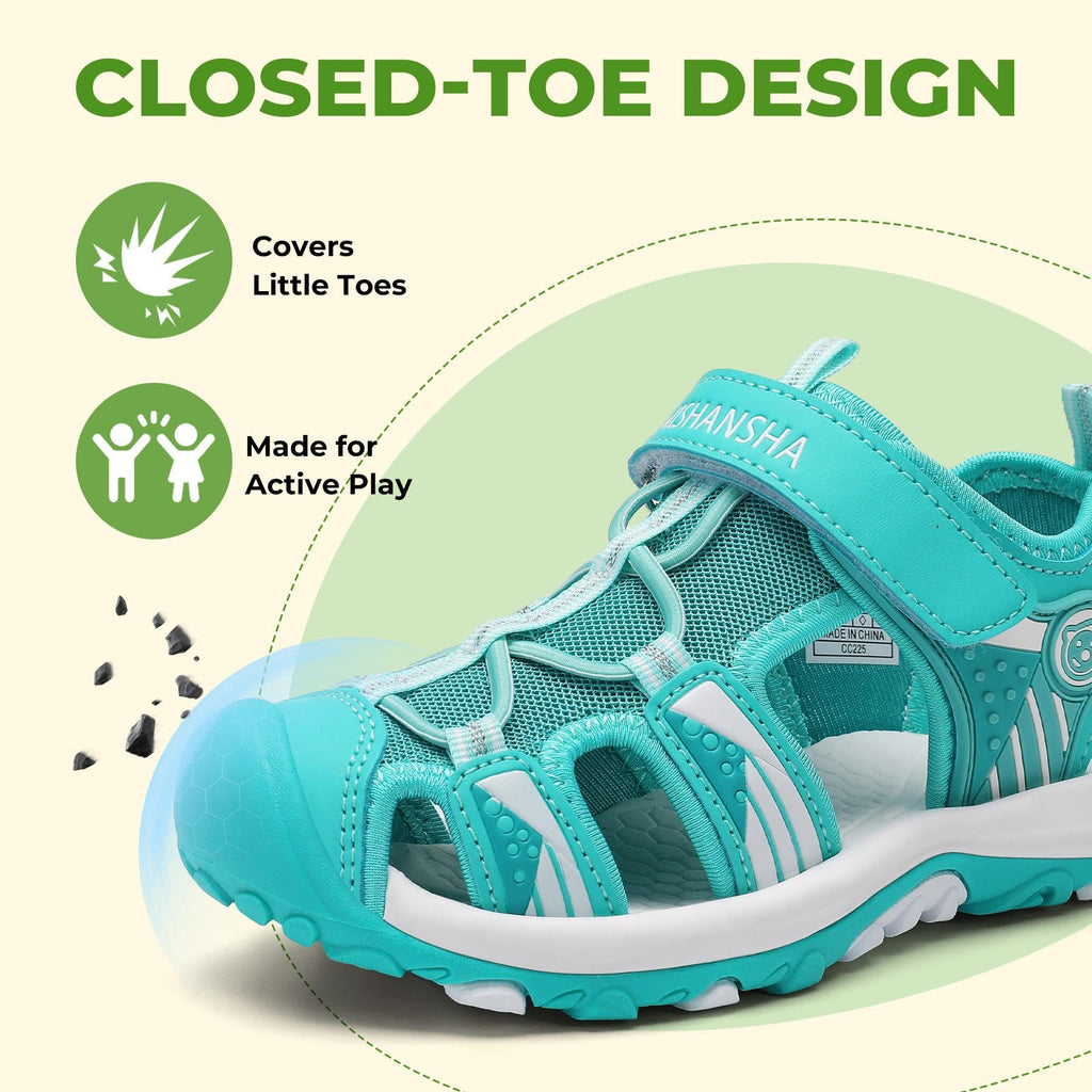 Mishansha Kids Closed Toe Sport Sandals for Boys Girls, Quick Dry Water Shoes with Adjustable Strap, Non Slip Beach Hiking Walking Sandals Green 1 Little Kid