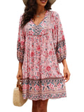 Qearal Boho Dress for Women Summer Casual Cute V Neck 3/4 Sleeve Mini Dress Pink XL