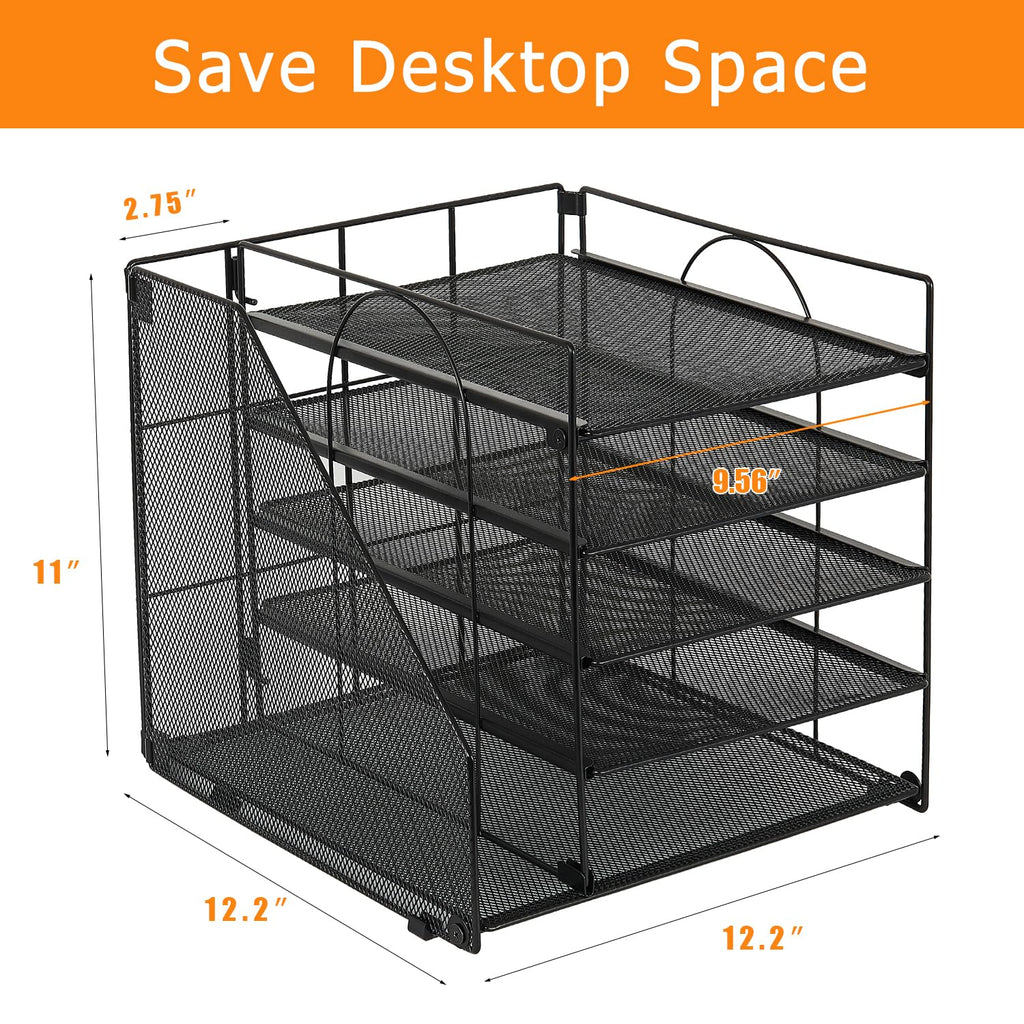 LEKETREE Desk Organizers and Accessories, 5-Tier Paper Letter Tray Organizer with File Holder, Desktop Organizer for Office Supplies (Black)