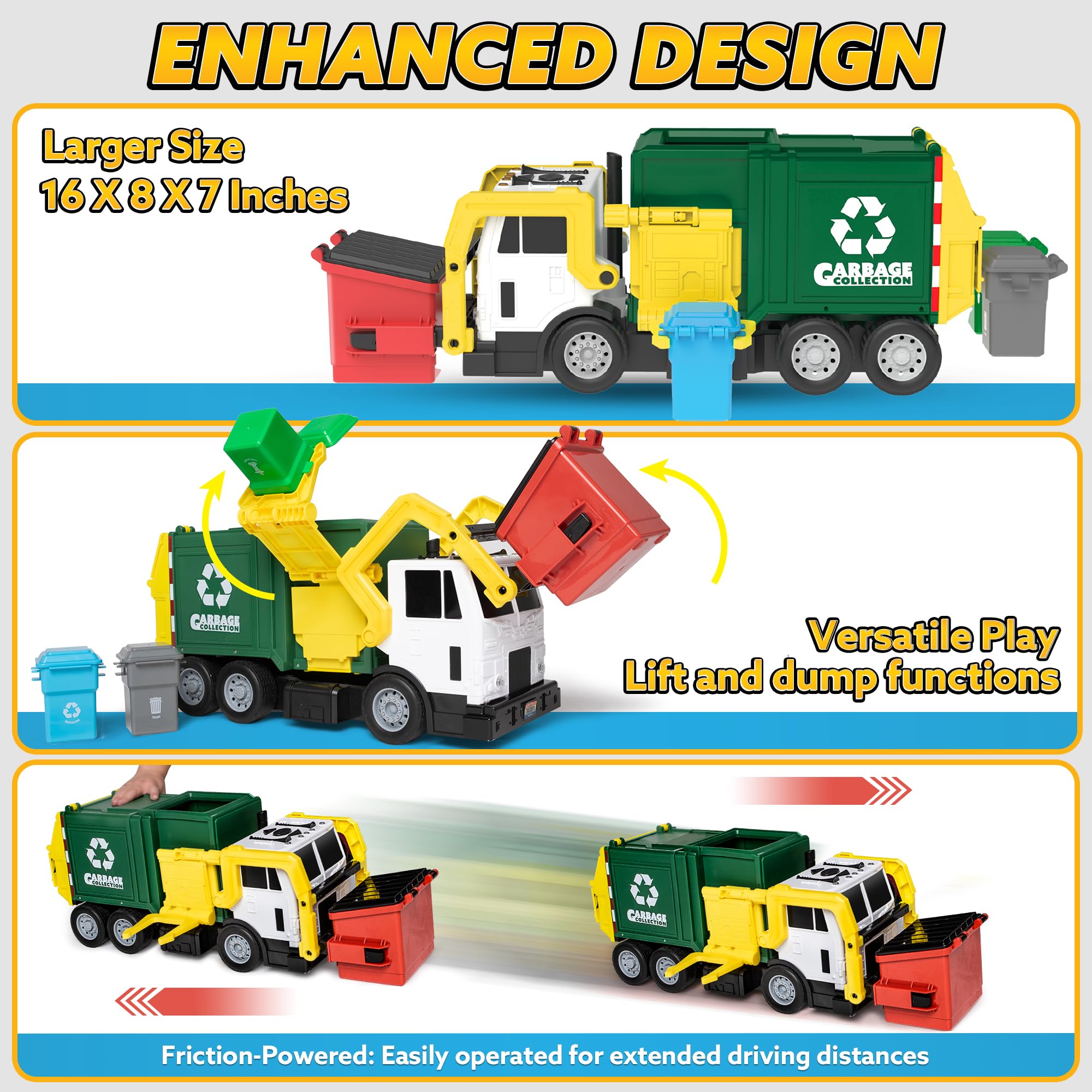 JOYIN Large Friction Powered Garbage Truck Toy Set, Includes Dumpster, Trash Bins, and Learning Cards for Kids, Boy Toys Birthday Gift for Boys Girls Kids Toddler Gift of Easter Basket Stuffers