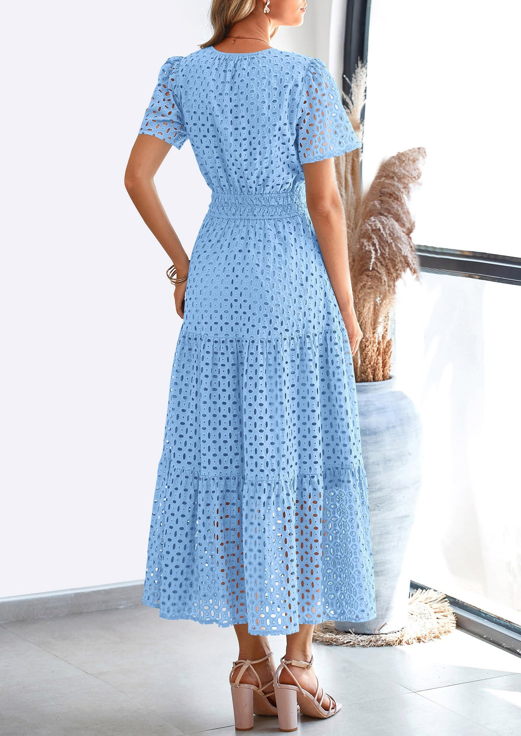 PRETTYGARDEN Womens 2025 Summer Maxi Dress Short Sleeve V Neck Hollow Out Eyelet A Line Long Flowy Beach Vacation Dresses (Light Blue,Medium)