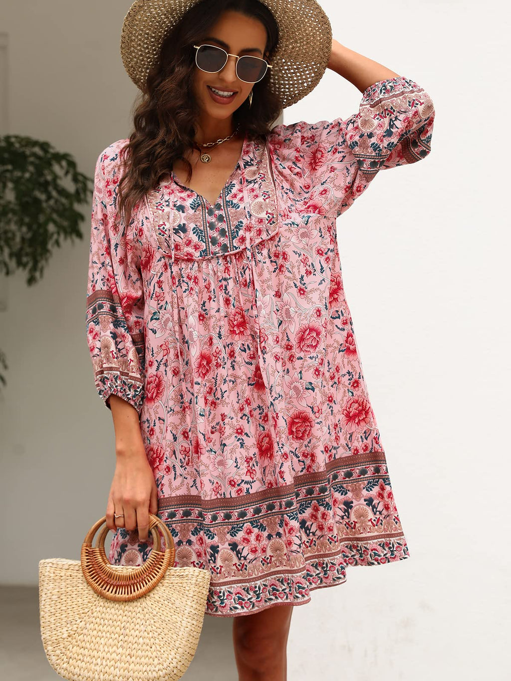 Qearal Boho Dress for Women Summer Casual Cute V Neck 3/4 Sleeve Mini Dress Pink XL