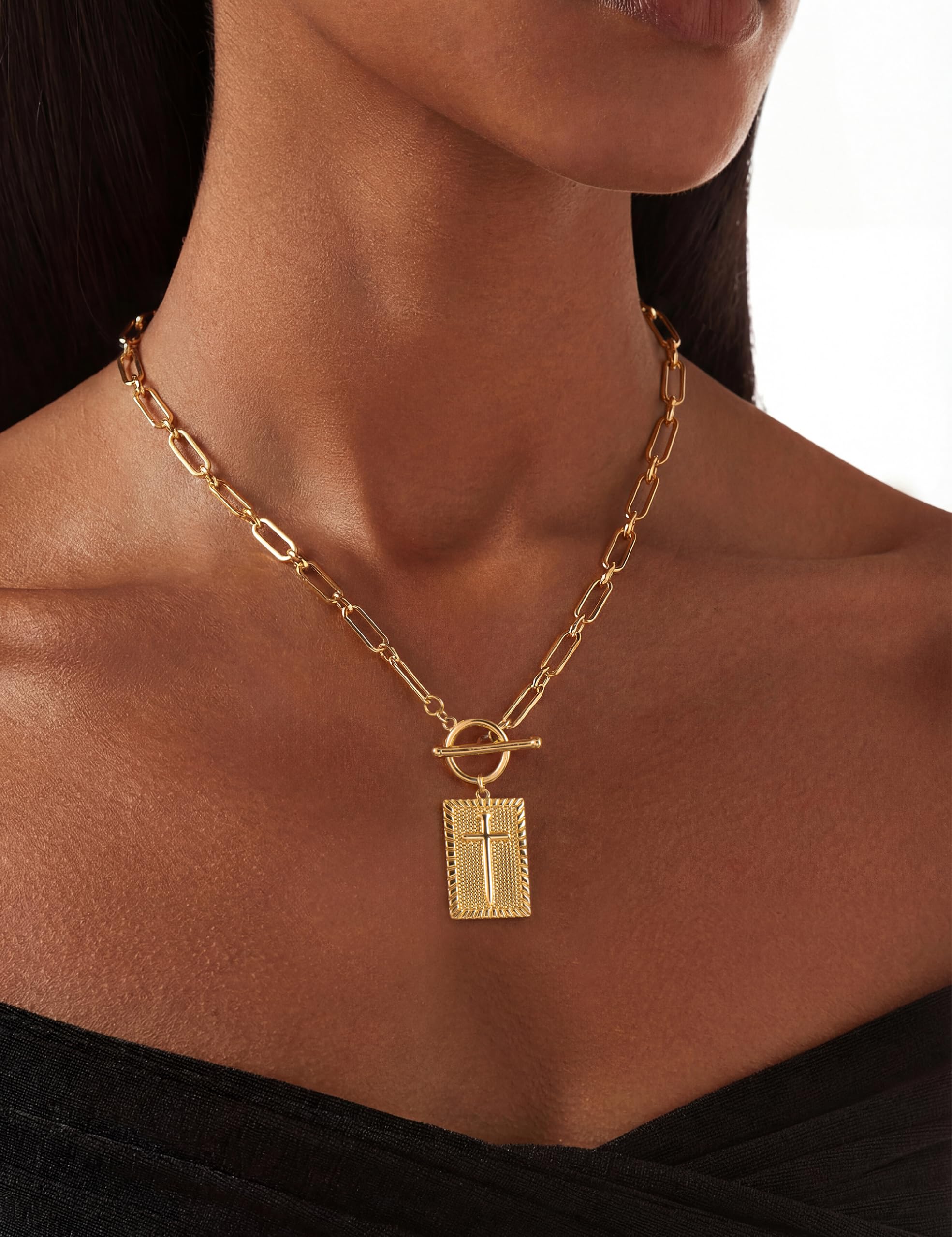 Carffordo Cross Necklace for Women - Dainty 14K Gold Plated Cross Pendant Necklaces Trendy Toggle Clasp Paperclip Chain Simple Religious Jewelry Christmas Gift