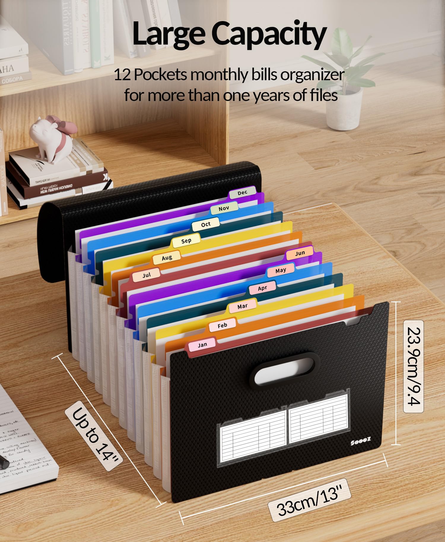 Sooez Upgraded Accordion File Organizer, Expanding File Folder with Deeper 12 Pockets - Never Cover Up Index Tabs, Monthly Bill Paper Receipt Document Organizer, Letter A4 Size for Home Office School