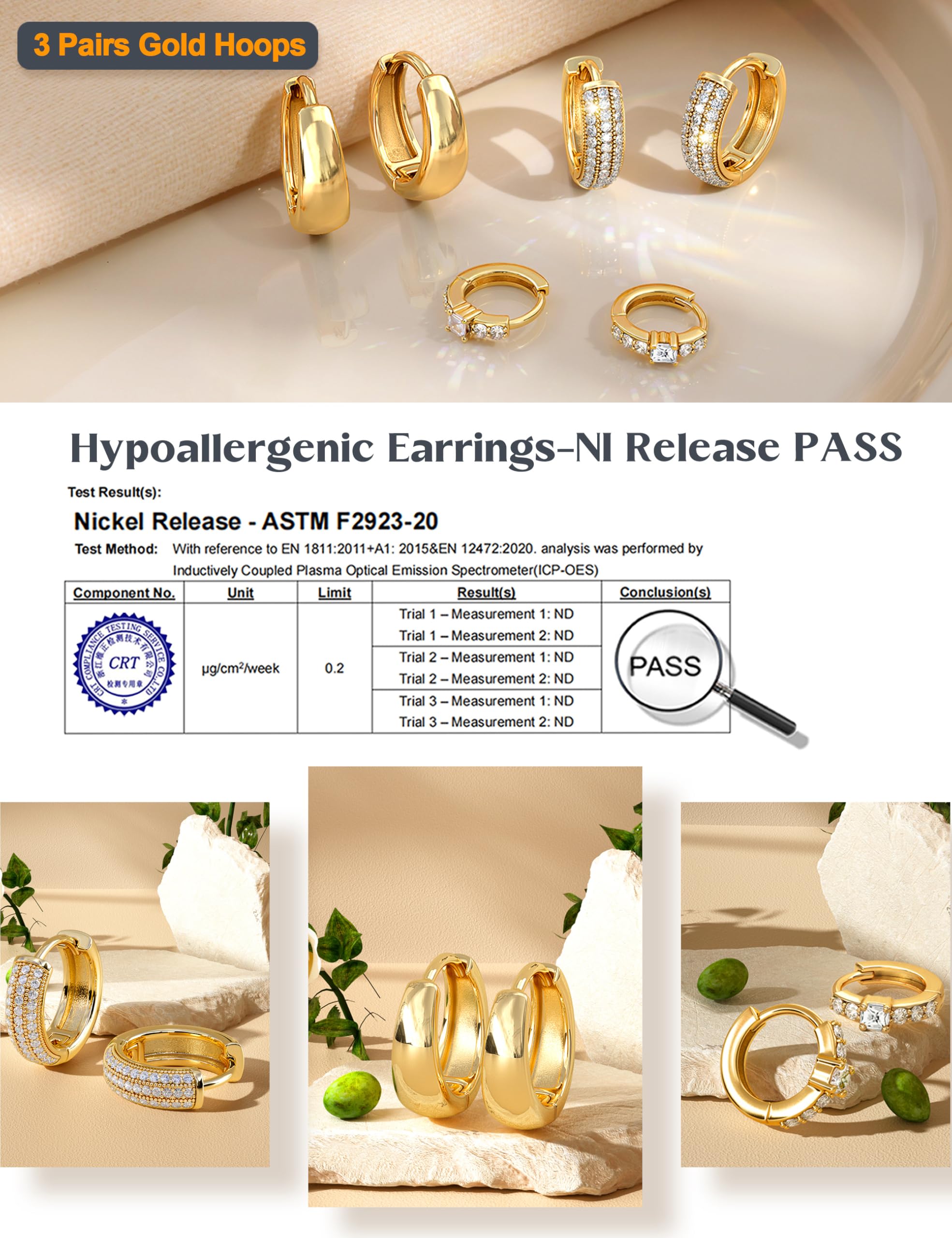 LOLIAS Small Chunky Hoop Earrings for Women, Non-Tarnish, Hypoallergenic, Huggie Silver Earring Stacks Set for Sensitive Ears, Multiple Piercing Jewelry, Lightweight, Classic 14K Gold Plated, 3 Pairs