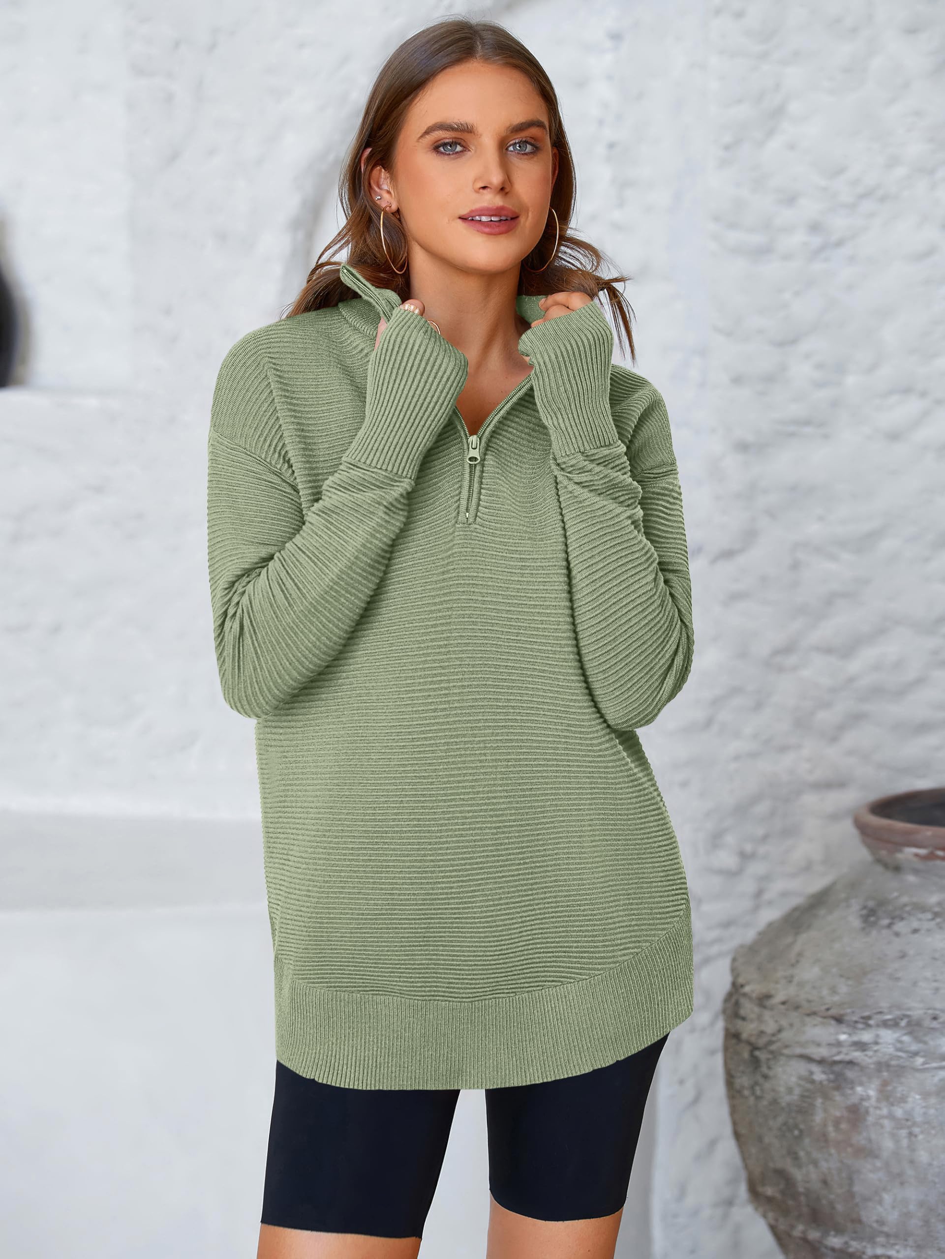 PRETTYGARDEN Womens Long Sleeve Quarter Zip Pullover Sweater Casual Loose V Neck Collared Ribbed Knit Jumper Tops Thumb Hole(Grey Green,Small)