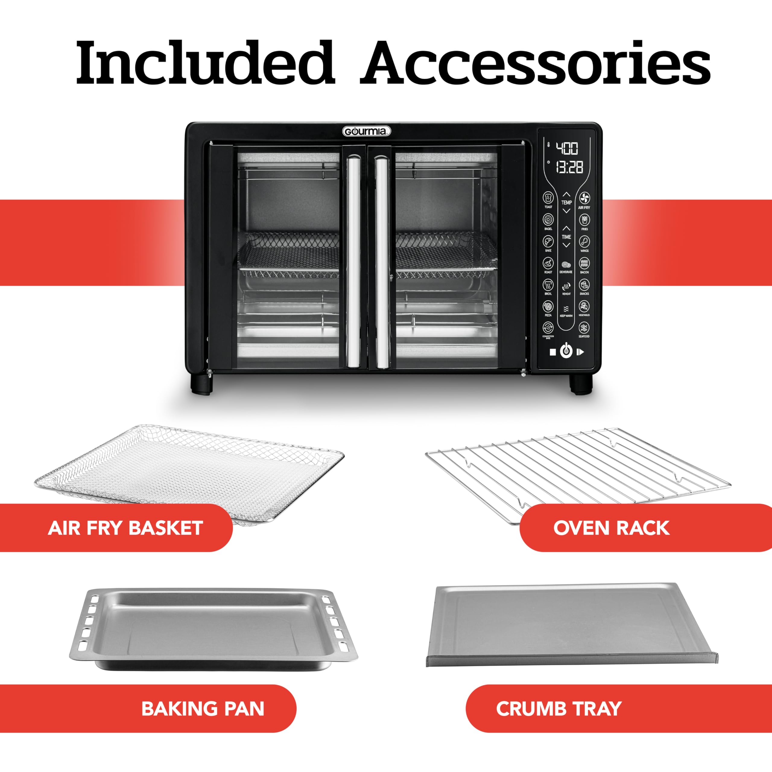 Gourmia French Door Air Fryer – 25 Qt Large Capacity Convection Oven, Fryforce 360°, Digital Display with 17 Cooking Presets, Bake, Toast, Roast, Dehydrate, Fits 12” Pizza