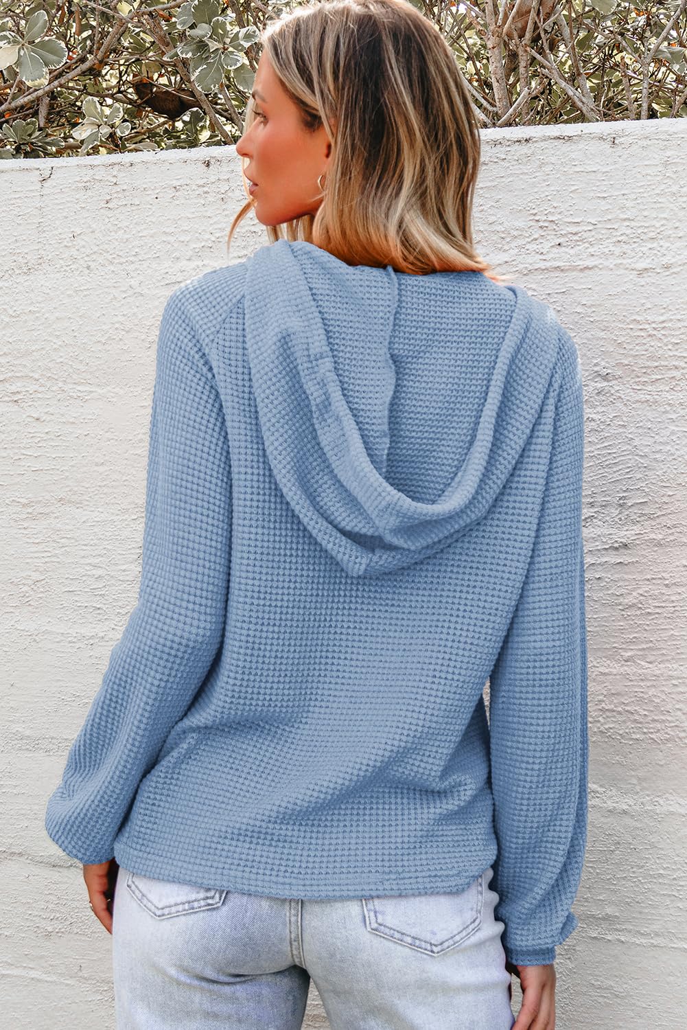 Dokotoo Womens Tops Hoodies for Women Waffle Knit Drawstring Button V Neck Long Sleeve Pullover Sweatshirt Hoodie Lightweight Sweater Casual Cute Fall Fashion Outfits Clothes 2025 Light Blue Medium