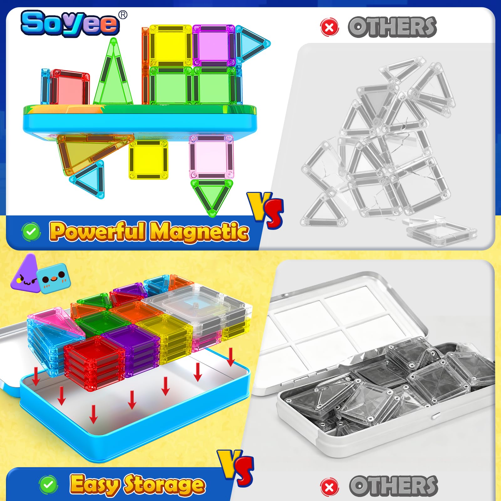 Soyee Mini Magnetic Tiles 60PCS Toddler Kids Toys Travel Set with Metal Tin Case, Portable STEM Building Blocks Kids Toy for 3 4 5 6 7 8 Year Old Boys & Girls, Educational Toddler Kids