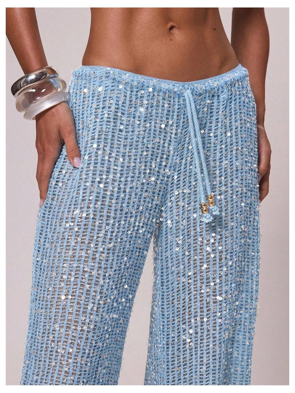 WDIRARA Women's Sequin Crochet Cover Up Pants Hollow Out Beach Pants Swimwear Light Blue Large