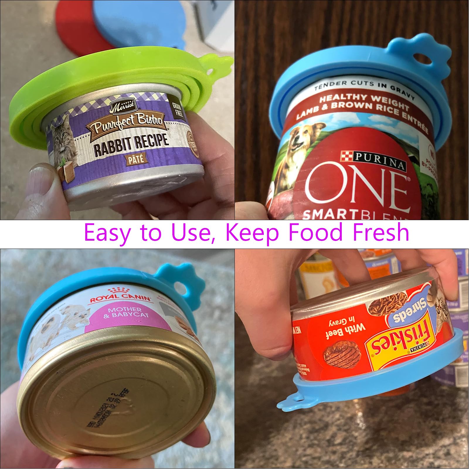 Giozoc 4 Pack Pet Food Can Cover Silicone Can Lids for Dog and Cat Food(Universal Size, One fit 3 Standard Size Food Cans)