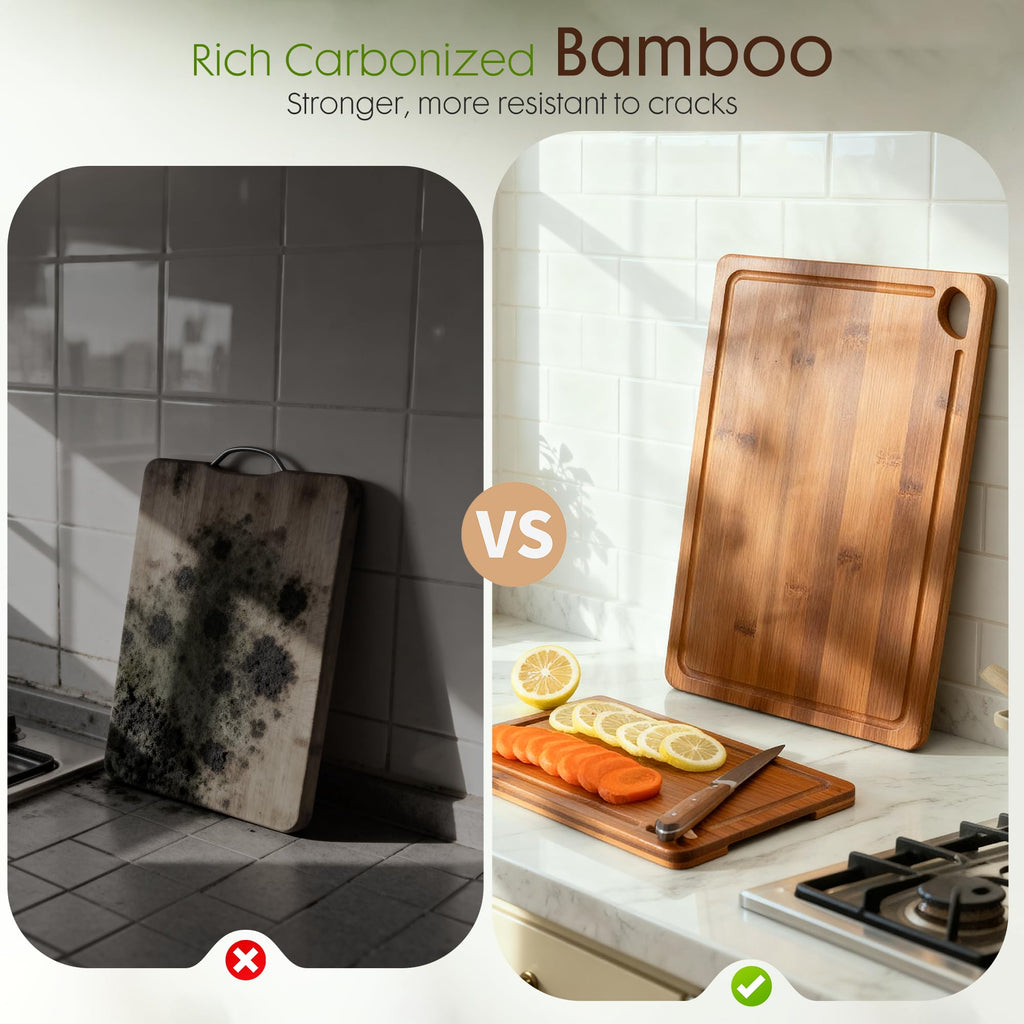 Astercook Deep-Carbonized Bamboo Cutting Boards for Kitchen with Wood Storage Stand, Reversible Charcuterie & Chopping Boards with Juice Grooves and Easy-Grip Handles, Knife-Friendly, Kitchen Gift