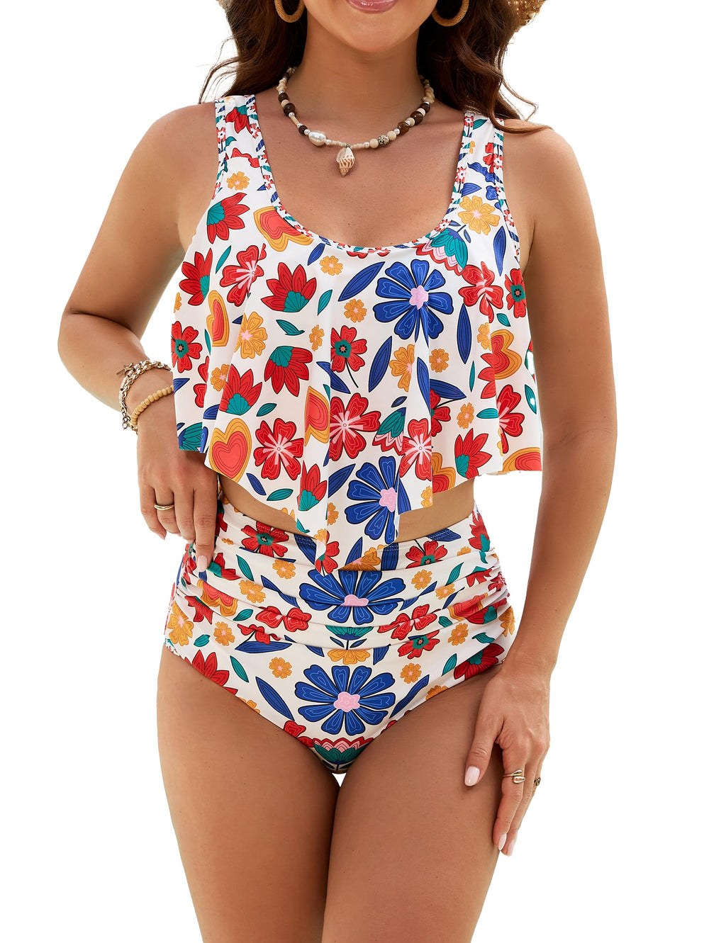 Edelqual Tankini Swimsuits for Women Plus Size Tummy Control Bathing Suit Mom Maternity Two Piece Top Full Coverage High Waisted Bikini Bottom 2026(Retro Floral,XXL)