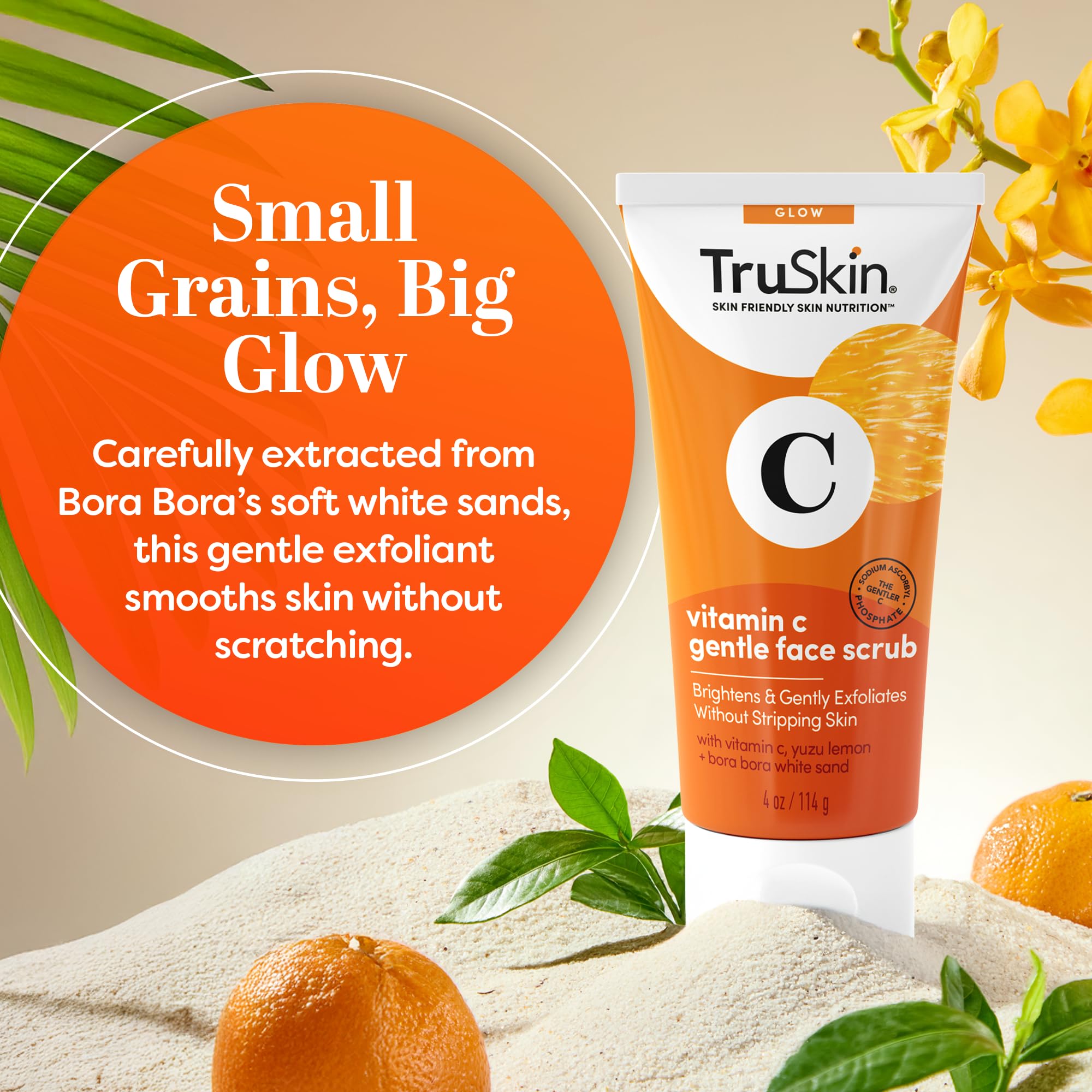 TruSkin Vitamin C Face Scrub & Face Exfoliator - Brightening Facial Scrub with Bora Bora White Sand & Yuzu Lemon - Smooths Texture and Reveals Softer-Looking Skin, 4 fl oz