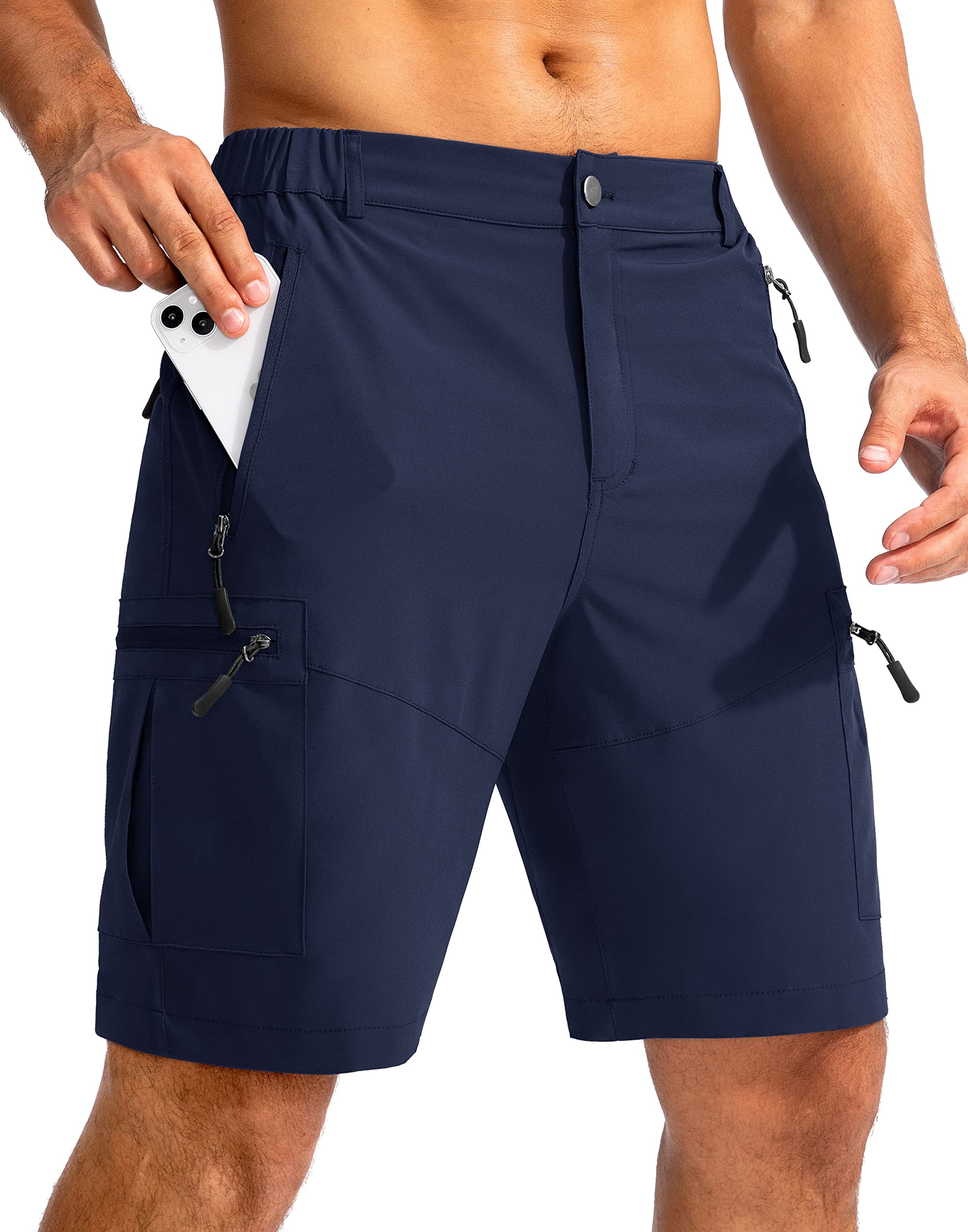 Pudolla Men's Hiking Cargo Shorts 9" Lightweight Outdoor Work Shorts for Men Travel Golf Camping Casual with 5 Zipper Pockets(Navy Medium)
