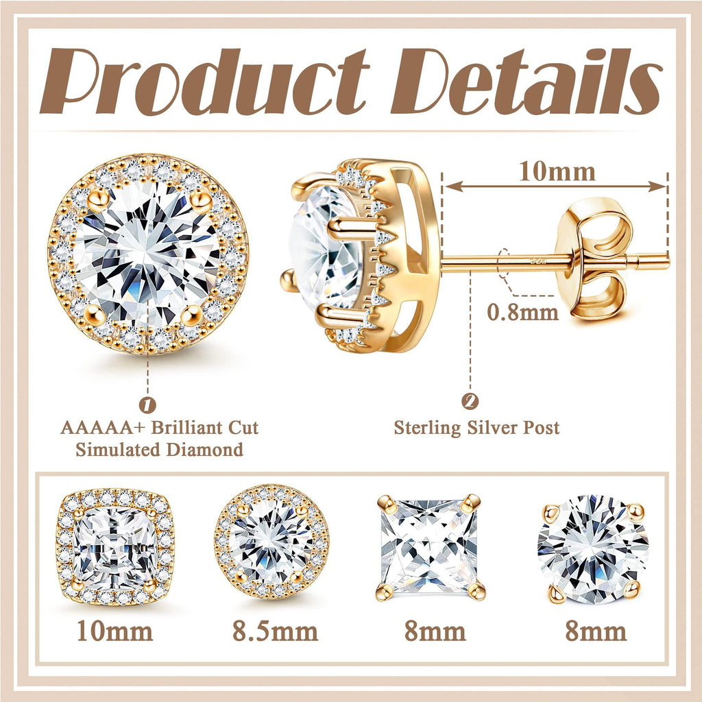 MILACOLATO Cubic Zirconia Stud Earrings Women Men 18K Yellow Gold Plated Hypoallergenic Sterling Silver Post Earrings Brilliant Large Simulated Diamond Halo Stud Earrings for Sensitive Ears