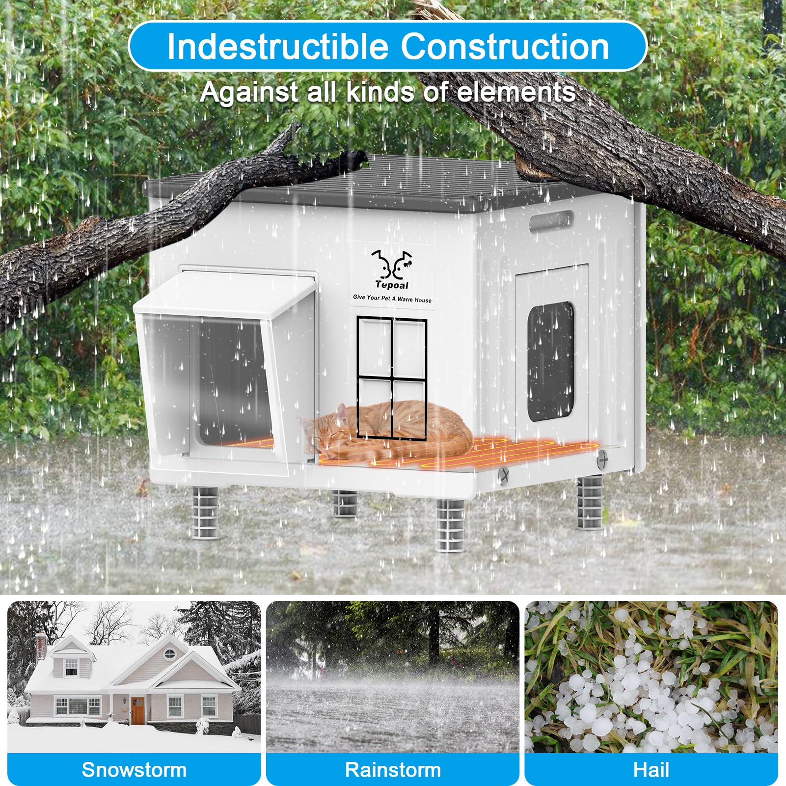 Dahivs Indestructible Heated Cat House for Outside Winter, Heated Outdoor Cat House Weatherproof with Escape Door, Waterproof & Insulated Outdoor Cat Shelter for Feral Stray Cat Kitty. 17.7"x15"x17.5"