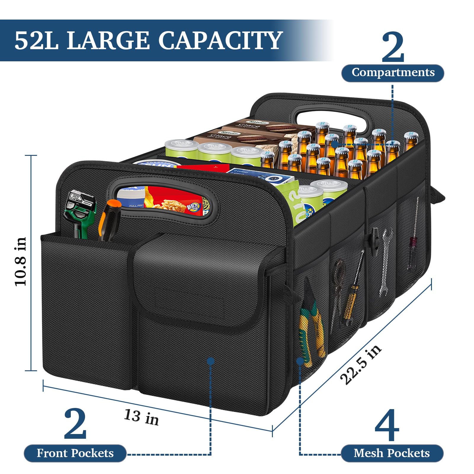 Femuar Car Trunk Organizer with Large Capacity Waterproof Car Accessories for Women & Men, Collapsible Trunk Organizer for Suv/Jeep/Sedan (Black, Standard)