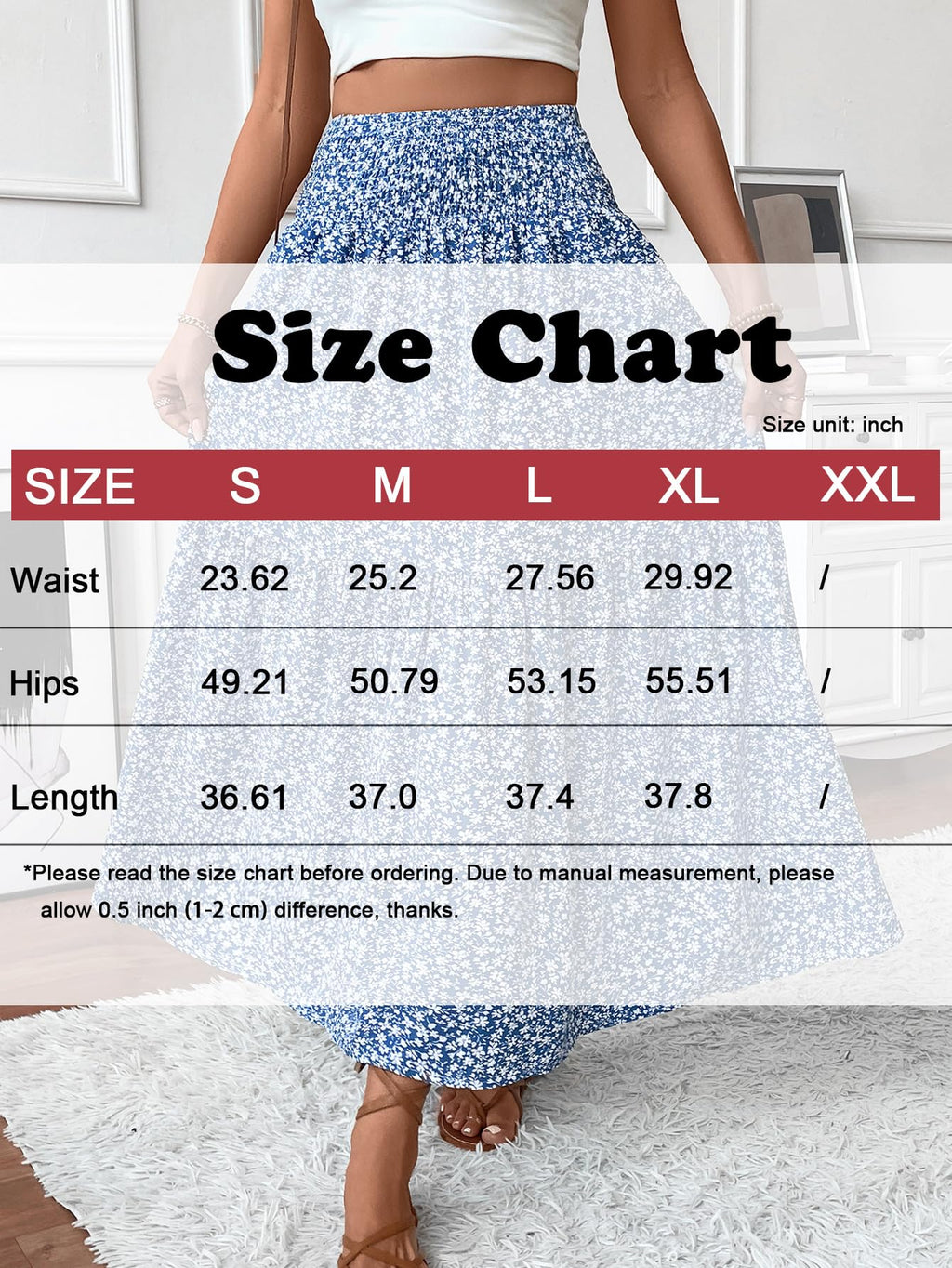 TuoGo Women's Smocked High Waist Maxi Long Skirt with Pockets (L,932-Khaki Floral)