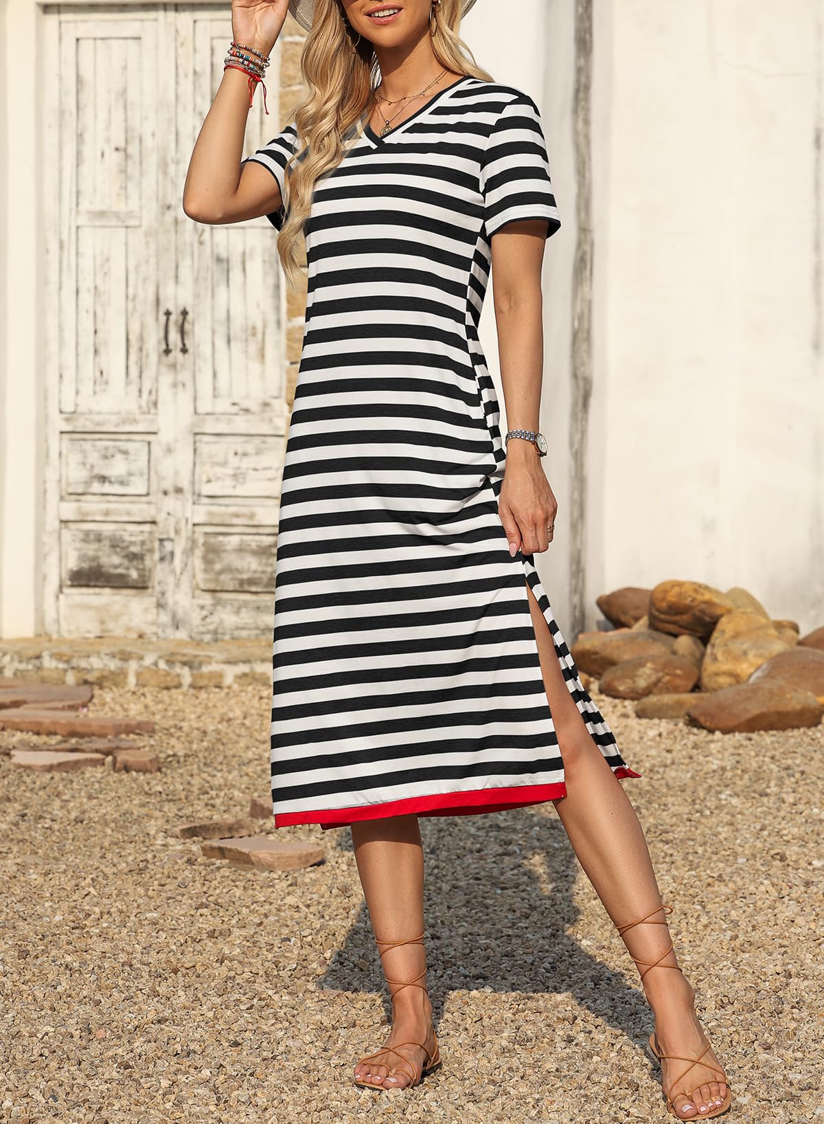 Dokotoo Maxi Dress Casual V Neck Short Sleeve Stripe Split Long Dresses for Women Graduation Dress Summer Dresses for Women 2025 Elegant ClassyBlack Large