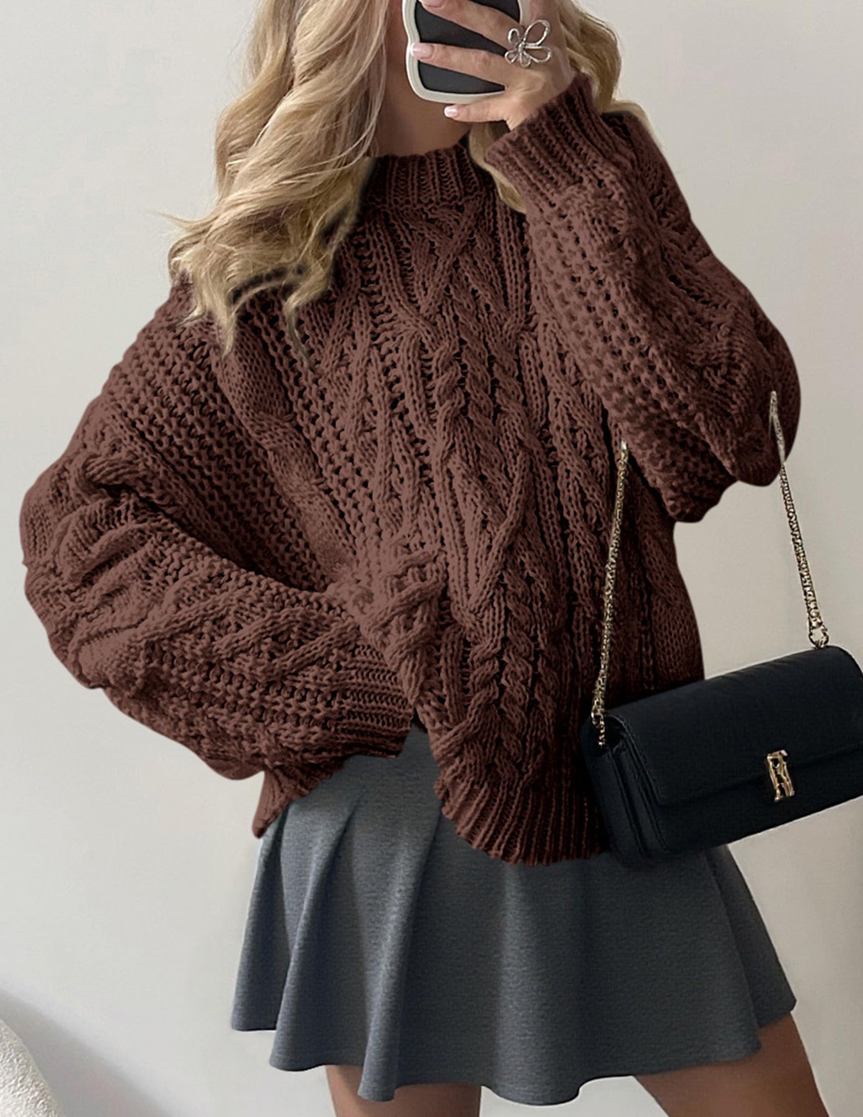 PRETTYGARDEN Women's Oversized Fall Sweaters 2026 Casual Long Sleeve Crewneck Chunky Cable Knit Pullover Tops Winter Clothes (Coffee,Medium)