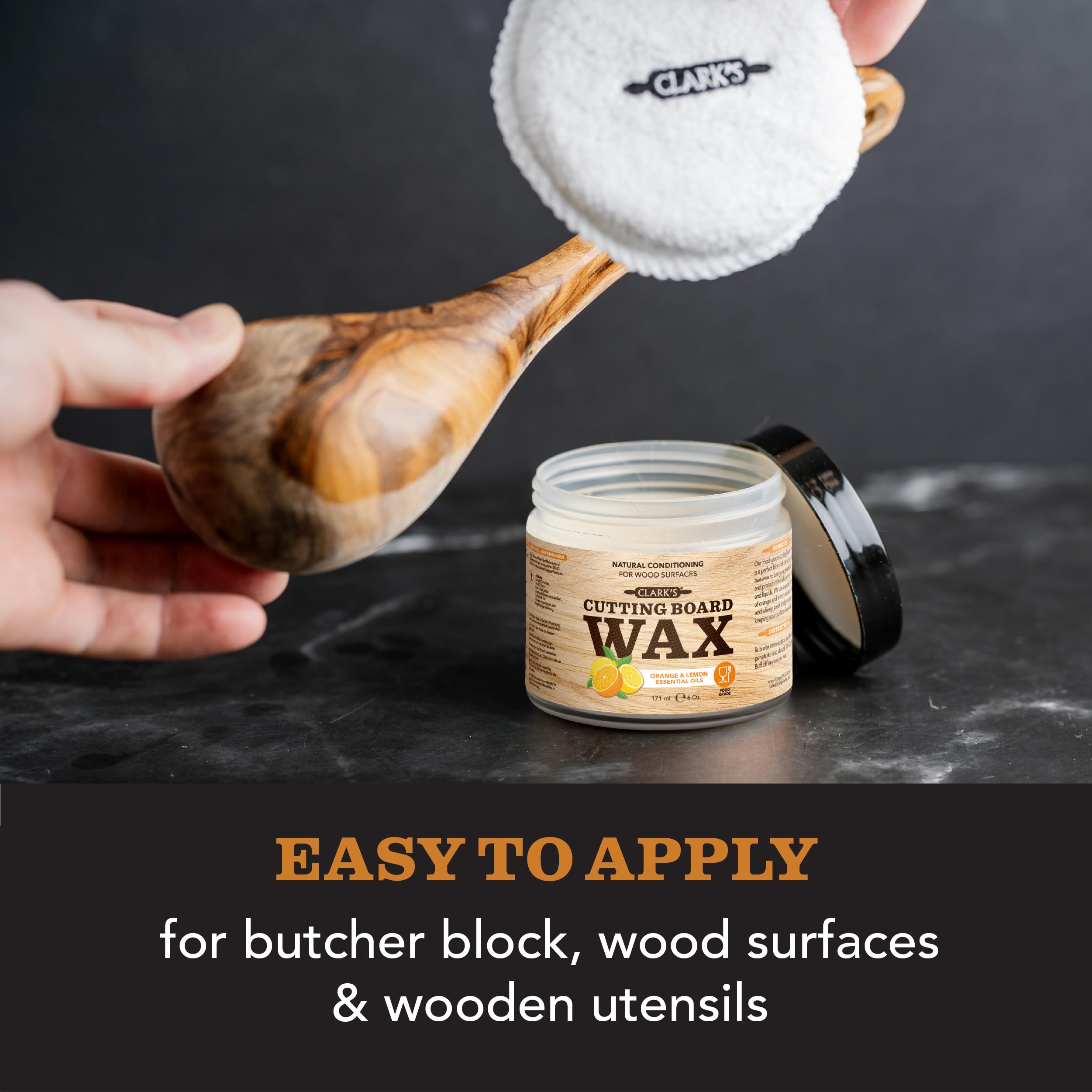 CLARK’S Cutting Board Oil and Wax Kit – Includes Food Grade Mineral Oil (12oz), Finishing Wax (6oz), Applicator, & Buffing Pad to Clean and Protect Wood, Enriched with Natural Lemon & Orange Extract