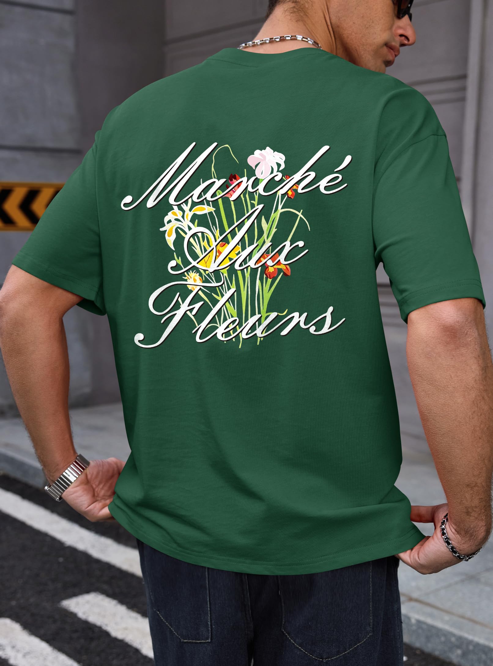 Herberton Mens Designer Stylish Tshirt Spring Cool Tee Loose Fit Baggy Summer Relaxed Youth Y2k 100% Pure Cotton Graphic Print Swag Lightweight Flowers Shirt Forest Green XL