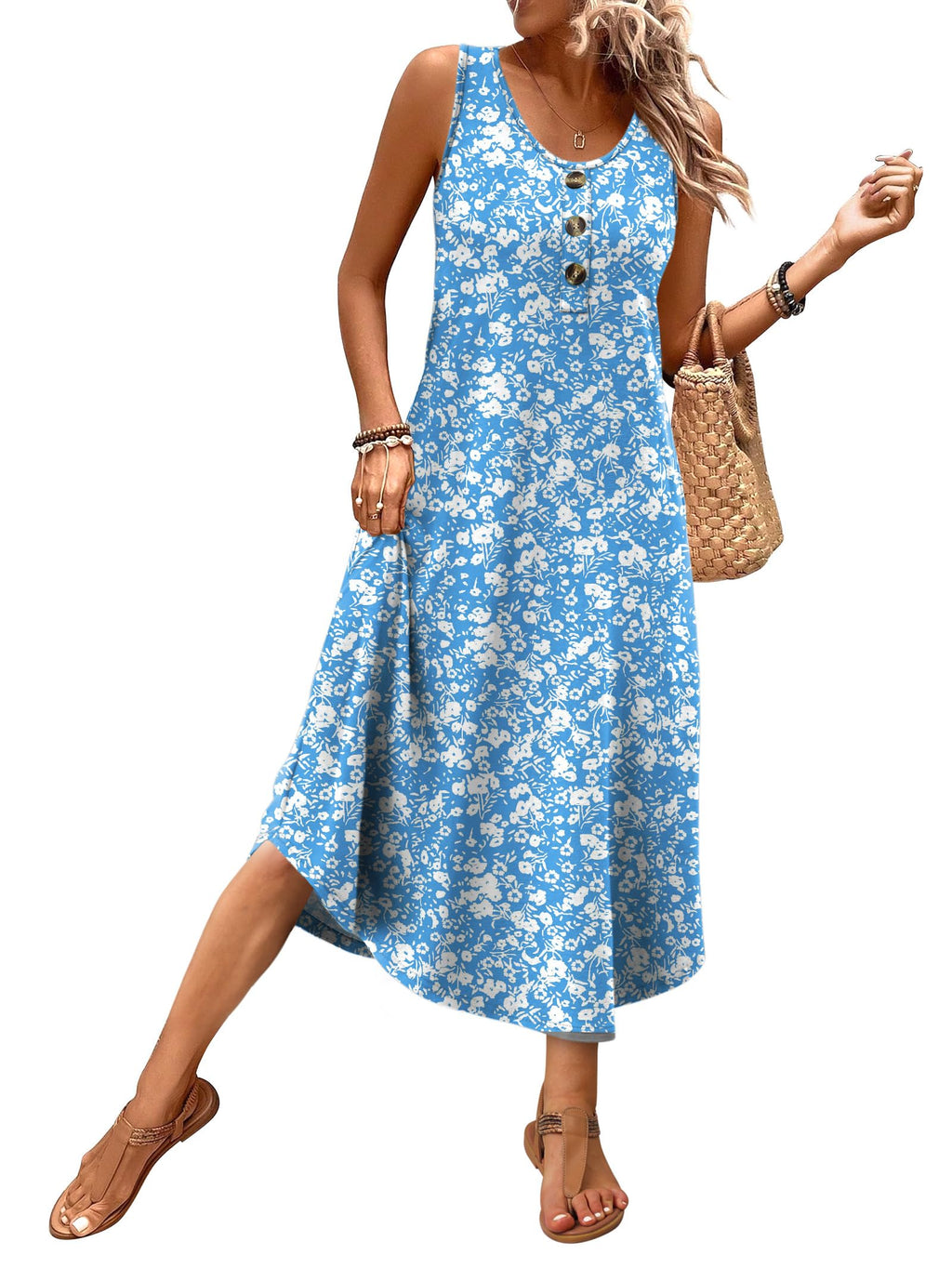 WIHOLL Summer Dresses for Women 2026 Flowy Midi Dresses for Women Hawaiian Beach Vacation Clothes Casual Spring Dress Cruise Outfits Resort Wear Maxi Sun Dress Sundresses Blue Floral Print XL