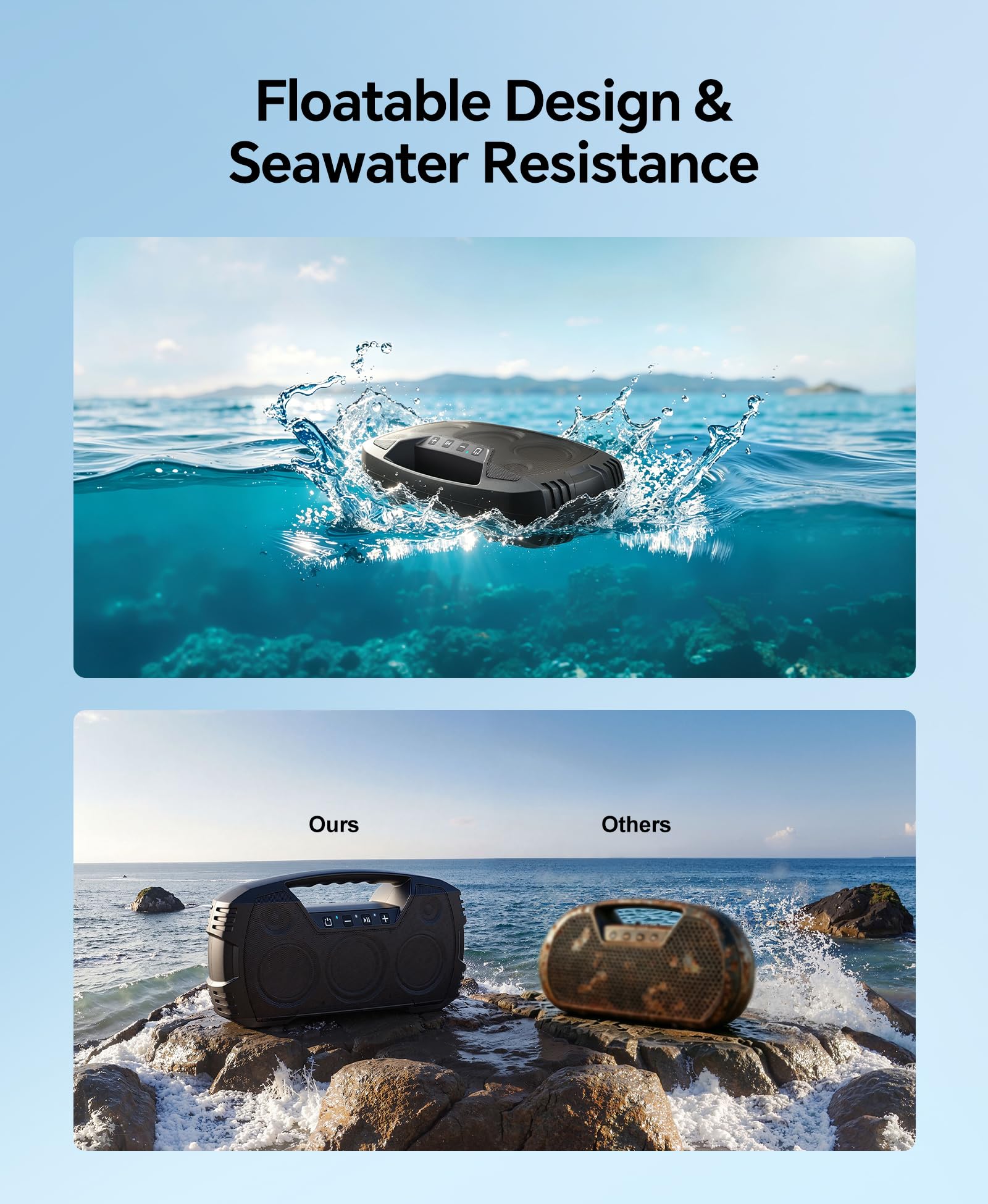 IPX7 Waterproof Outdoor Bluetooth Speaker, Wireless, 90W(Peak), 32H Playtime, Floating Design, Deep Bass & Loud Stereo Sound, Portable with Handle, Rugged for Pool, Beach, Kayaking, Hiking, Black