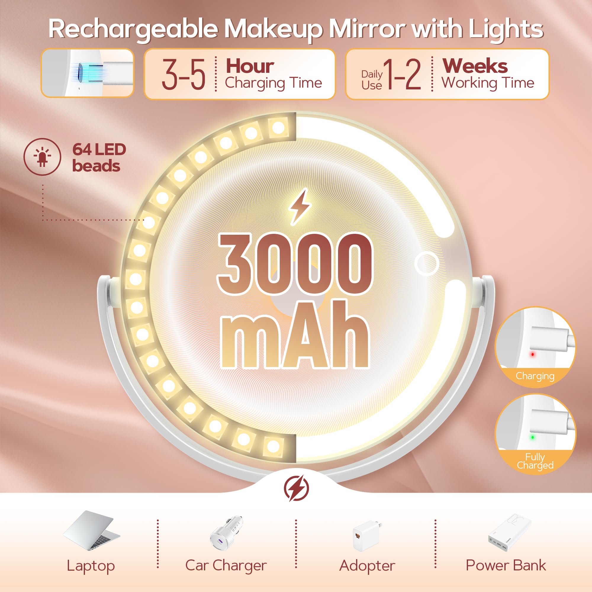 B Beauty Planet Vanity Mirror with Lights, 30X Magnifying Makeup Mirror with 3 Lighting and Adjustable Brightness, Rechargeable 2-Sided Height Adjustable Desk Mirror for Bathroom, Gift for Women White