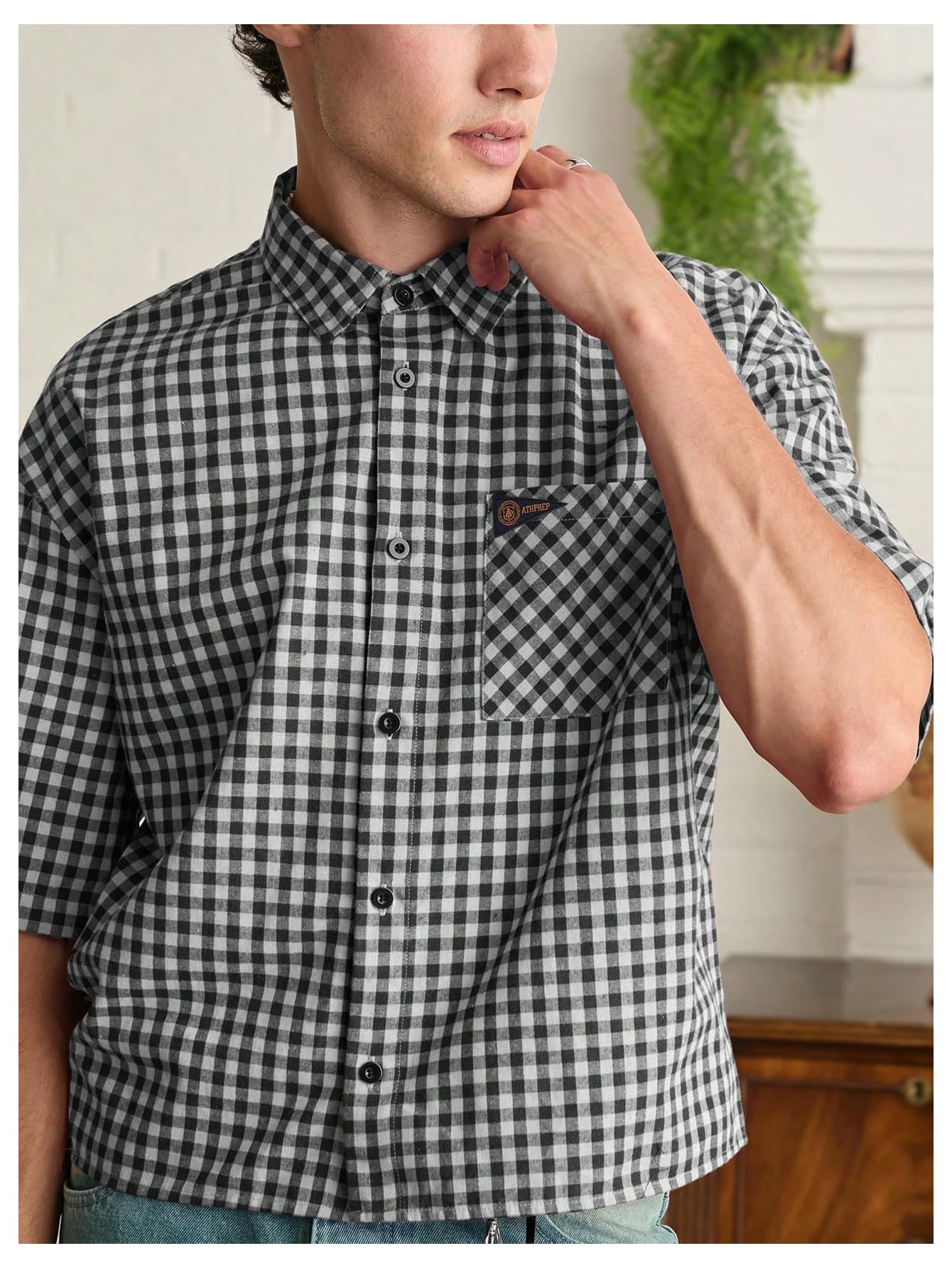 SHENHE Men's Plaid Button Down Short Sleeve Shirt Loose Fit Casual Shirt with Chest Pocket Black Large