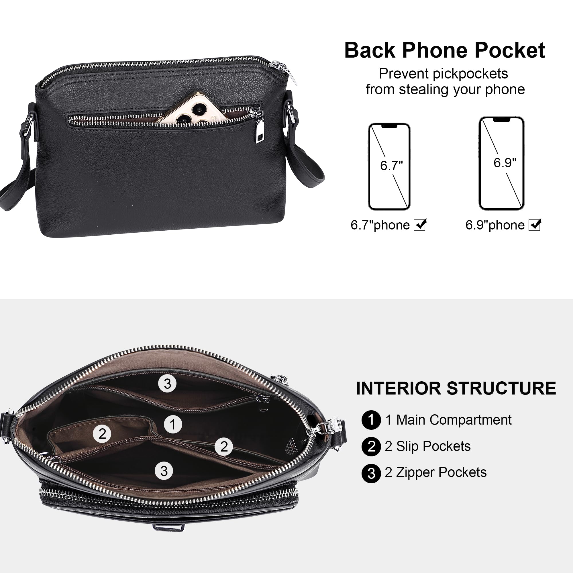 Over Earth Genuine Leather Crossbody Bags for Women Small Ladies Handbags and Purses with Card Slots(O205E Black)