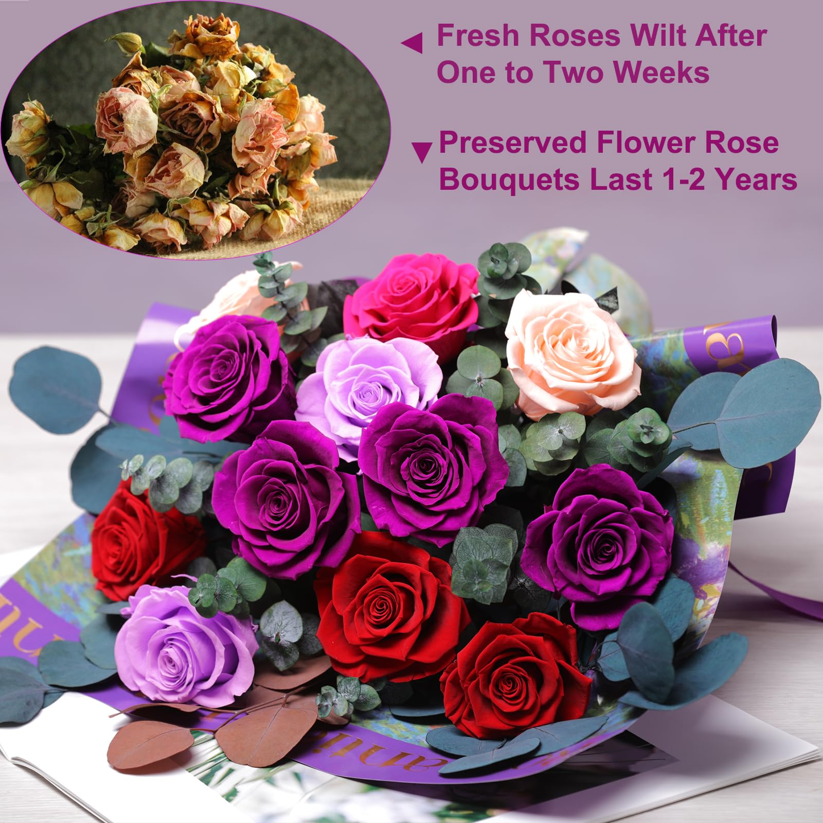 Lovenfold Flowers for Delivery Birthday Flowers Gift for Her,Preserved Flowers Bouquet 12 Roses Mixed Bouquet,Rose Gifts for Women Mom Grandma(Mixed 12 Purple-A Roses)