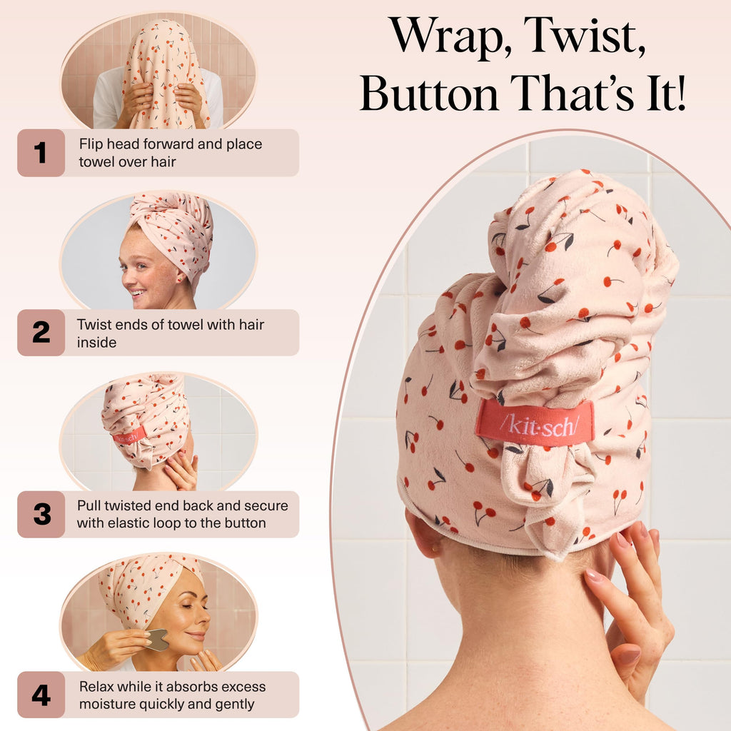 Kitsch XL Microfiber Hair Towel Wrap for Women – Ultra Absorbent Microfiber Towel for Wet, Curly, Long or Short Hair – Quick Dry, Anti-Frizz Hair Wrap – Cherry Print, 40x24 inches