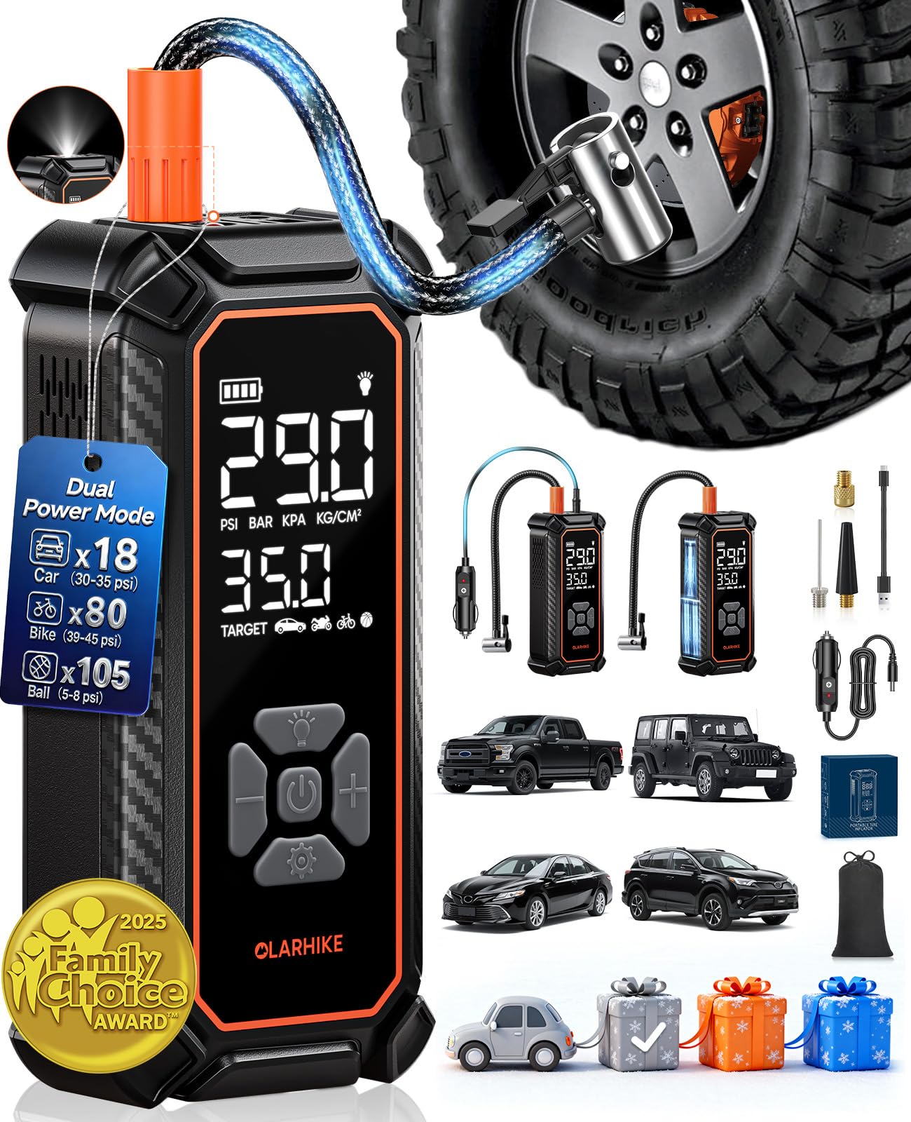 OlarHike Cordless Tire Inflator Portable Air Compressor, 150PSI Dual Power_6000mAh & 12V DC, Air Pump for Car Tires, Bike, Motorcycle, with LED & Digital Pressure Gauge, Gifts for Men & Women